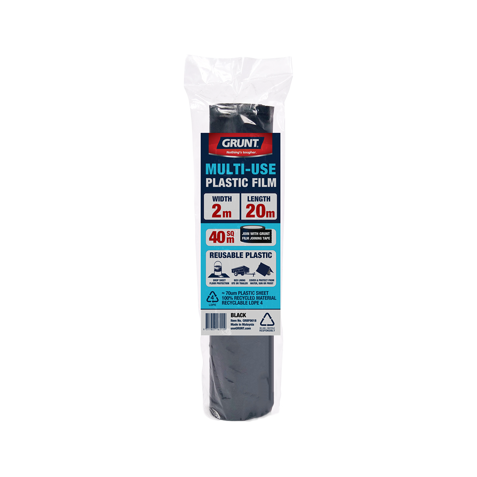 Grunt 2m x 20m Black 70um Multi use Plastic Film