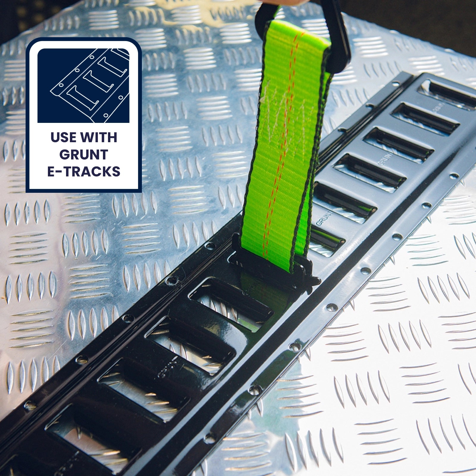 Grunt 50mm x 180mm Fluoro Green Tie Off E-Track Fitting With D-Ring