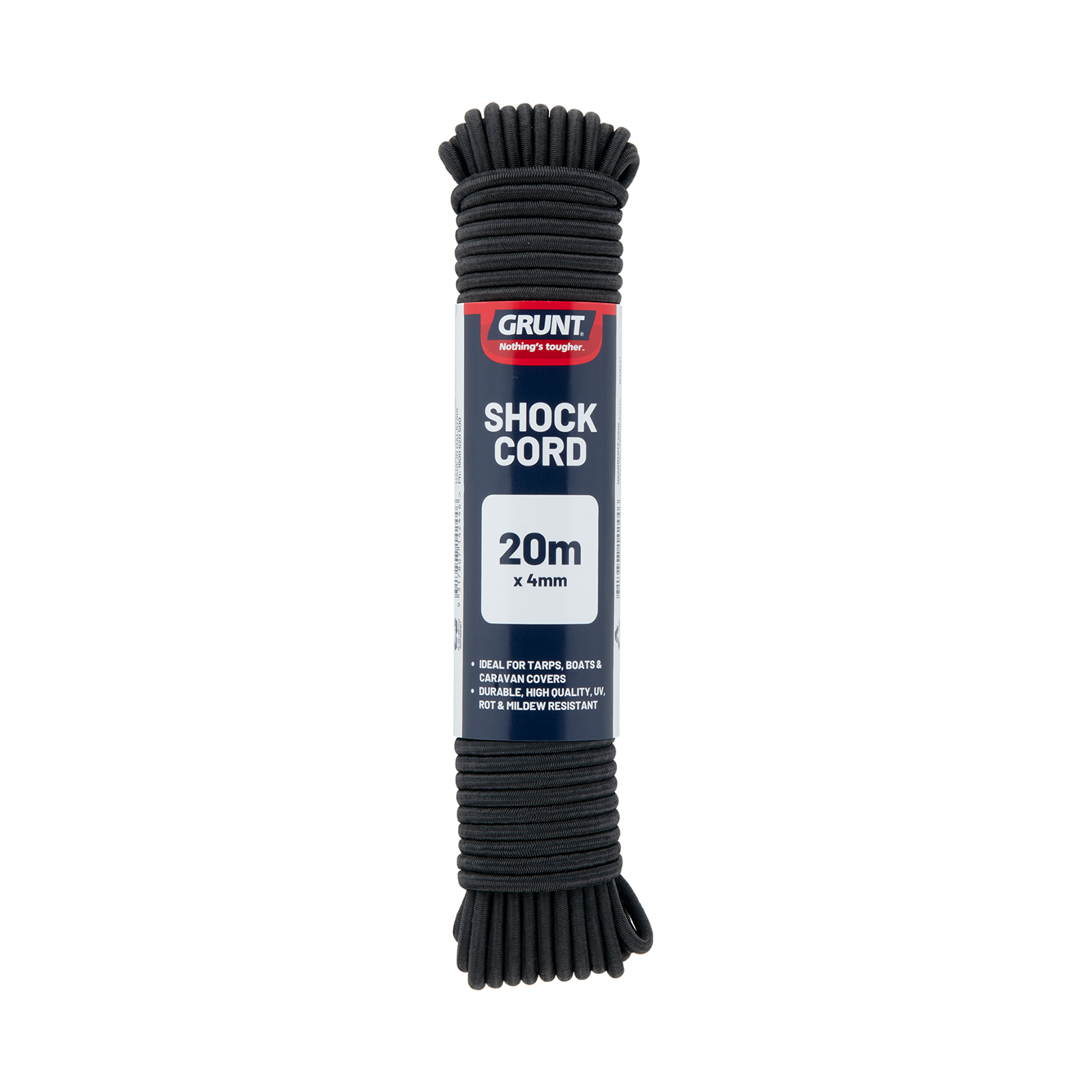 GRUNT 4mm x 20m Black Shock Cord – long-run elastic bungee cord for securing tarps, camping gear, and marine applications. Durable braided outer with rubber core. Available at Bunnings AU and NZ.