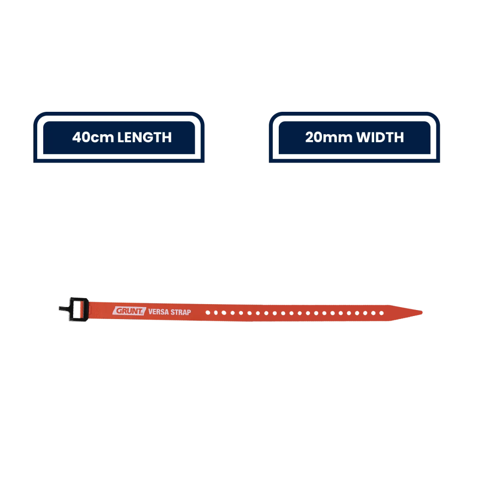 GRUNT 20mm x 40cm Black and Orange Versa Strap – compact multi-purpose securing strap for organising cables, tools, and gear. Reusable hook-and-loop design for quick attach and release. Available at Bunnings AU and NZ.