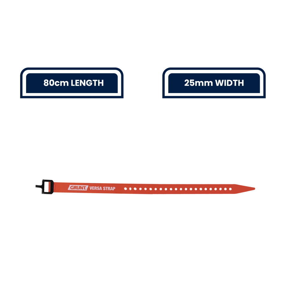 GRUNT 25mm x 80cm Orange Versa Extra Wide Strap – versatile wide-body securing strap for bundling tools, cables, and gear. Hook-and-loop fastening for quick and easy load management. Available at Bunnings AU and NZ.