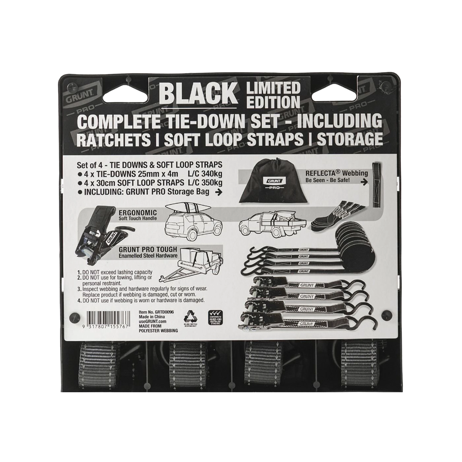 Grunt Pro 25mm x 4m Black Ratchet Tie Down Straps - 4 Pack
