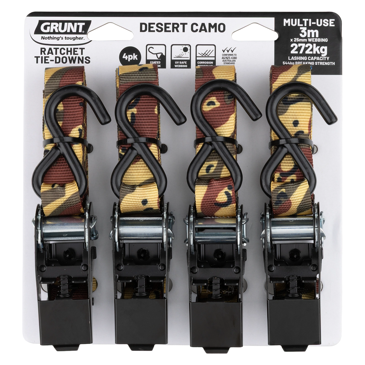 Grunt 25mm X 3m Desert Camo 272kg Black Ratchet Tie Down