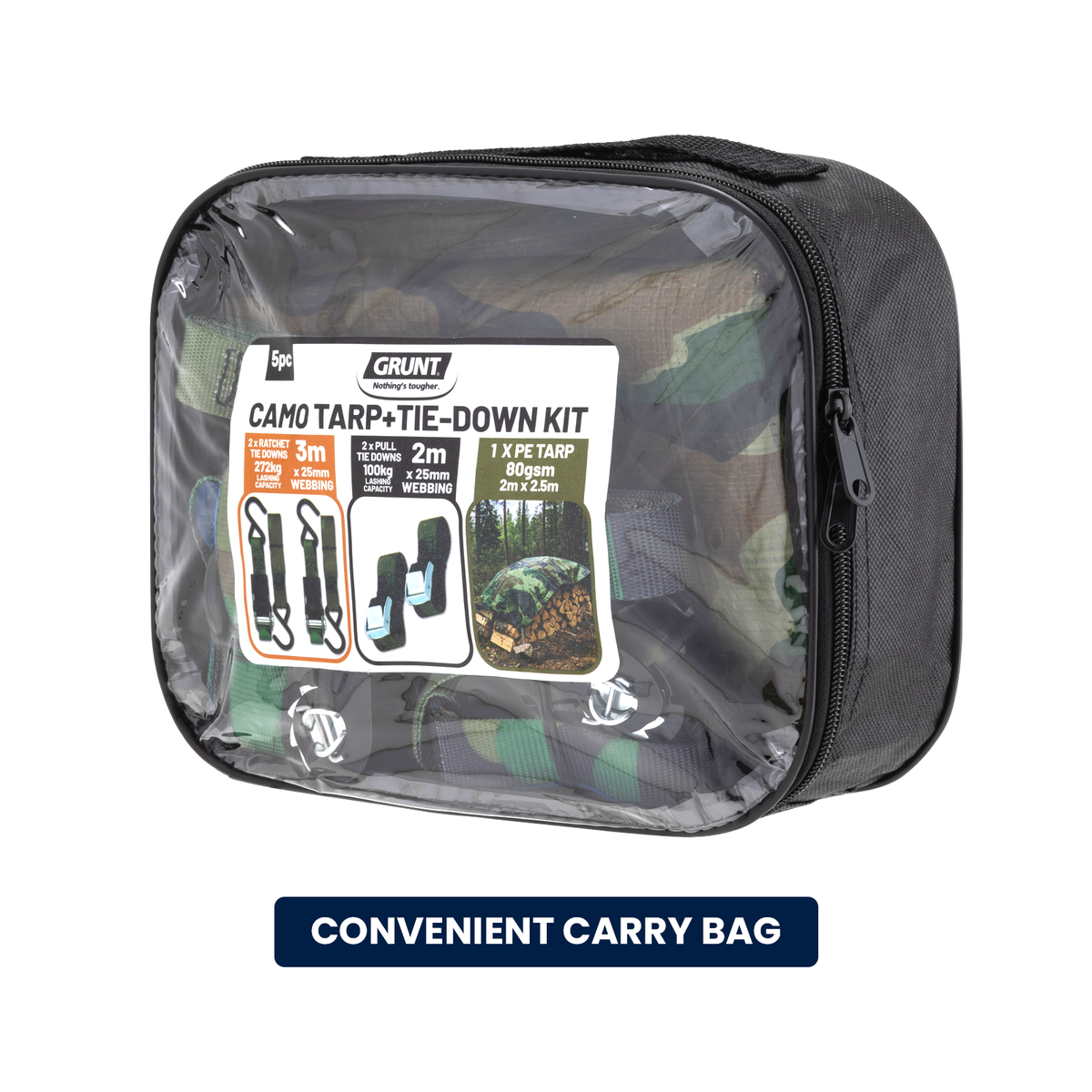 Grunt Camo Ratchet Straps, Cambuckle, & Tarp - 5 Piece Kit
