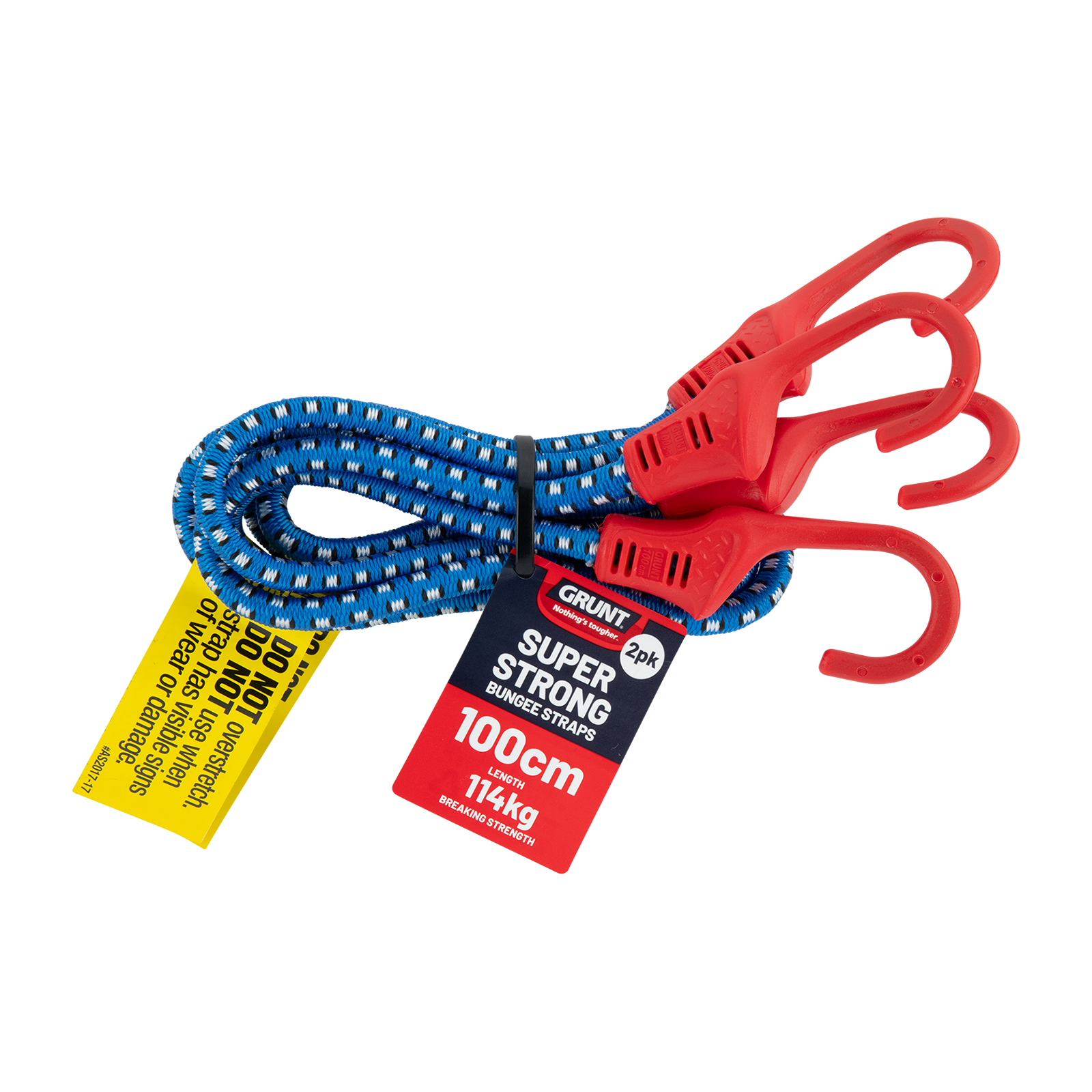 GRUNT 1000mm Blue and Black Octopus Tie Down Straps 2-Pack – multi-hook elastic straps for securing camping gear, bikes, and loads to racks and trailers. Versatile and easy to attach. Available at Bunnings AU and NZ.
