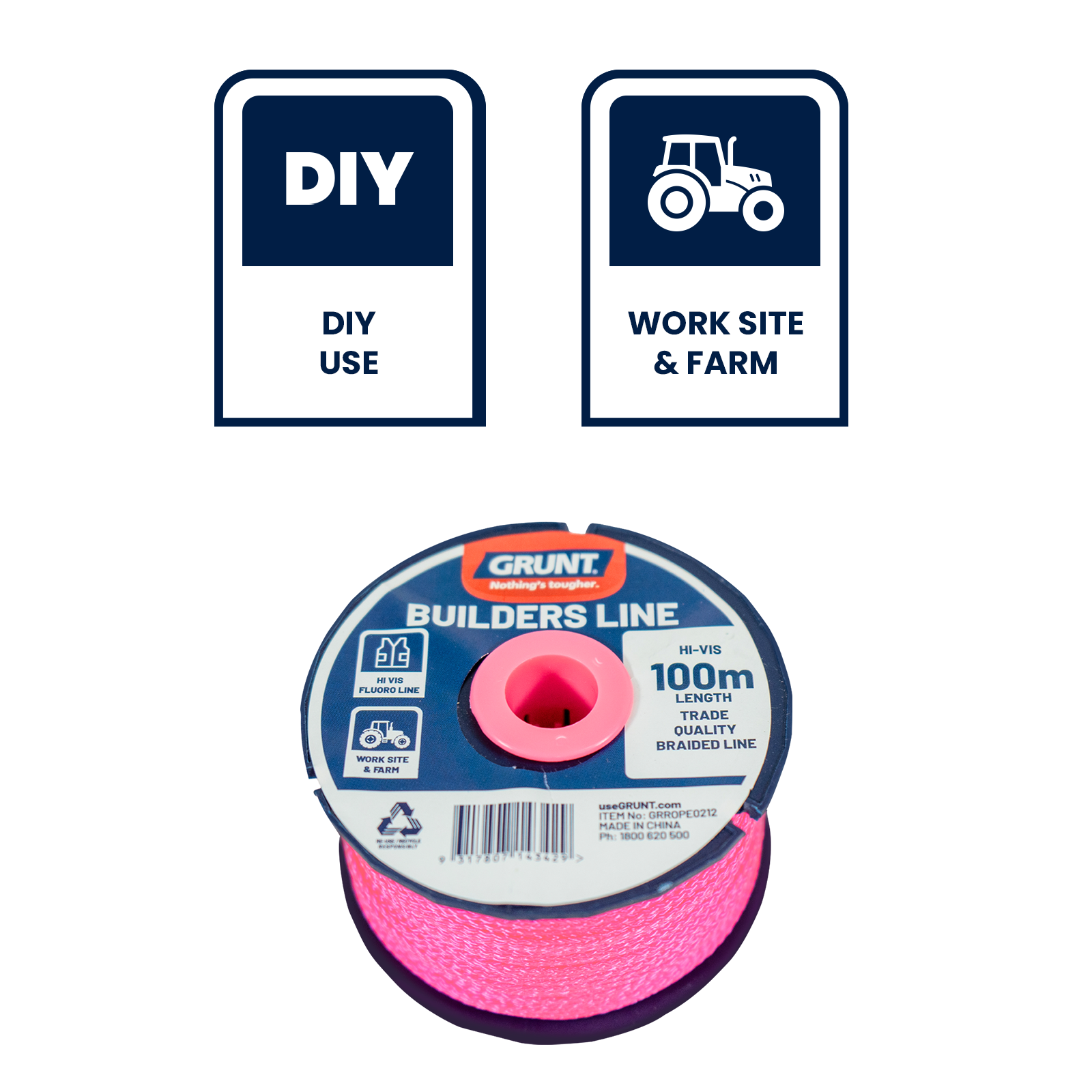 GRUNT 100m Fluorescent Builders Line – high-visibility fluorescent nylon string for bricklaying, construction layout, and site marking. UV-stable and easy to spot on-site. Available at Bunnings AU.