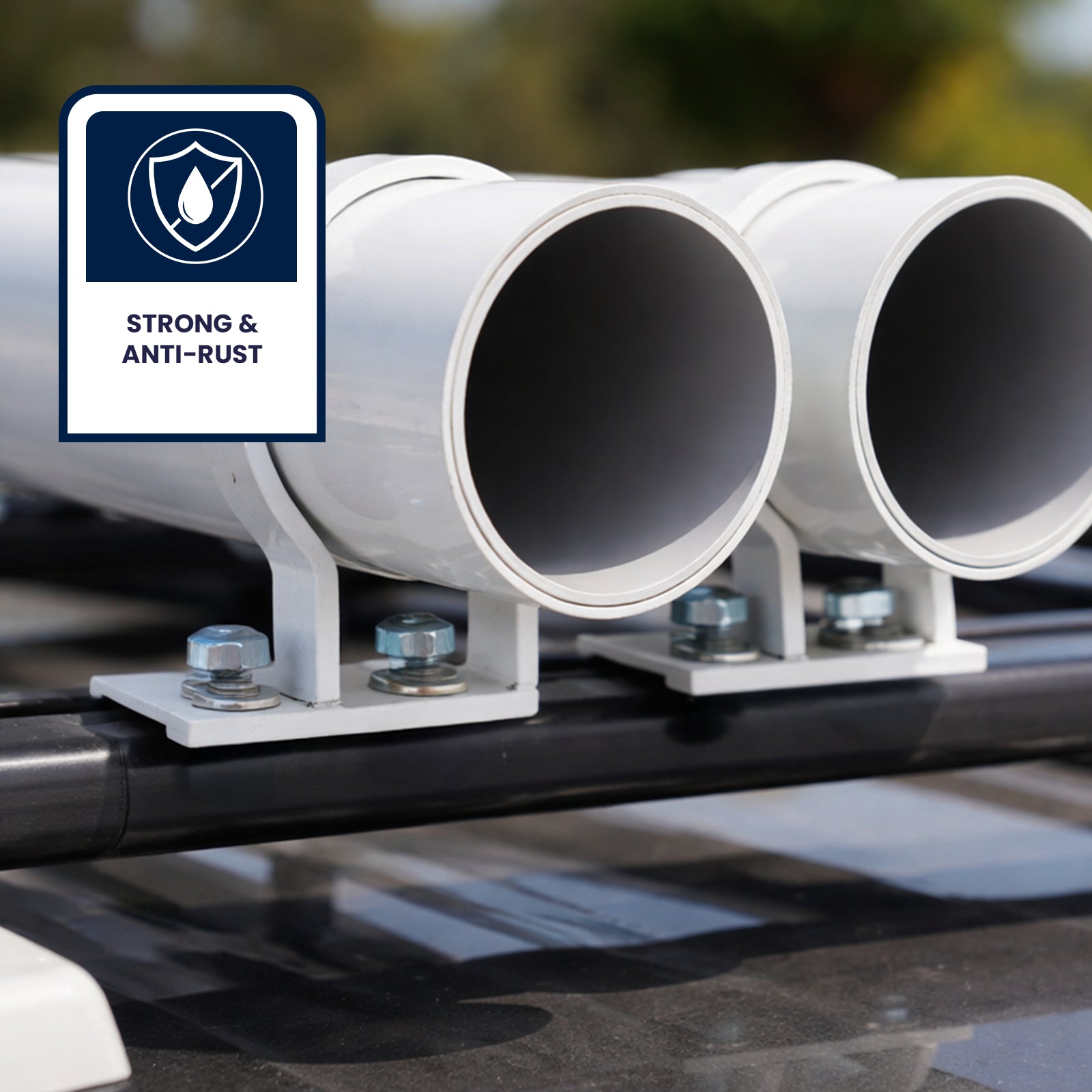 GRUNT 100mm Black Universal T Slot Conduit Carrier 2-Pack – T-slot compatible conduit and pipe holders for ute trays. Secures PVC conduit, pipes, and tubing during transport. Available at Bunnings AU and NZ.