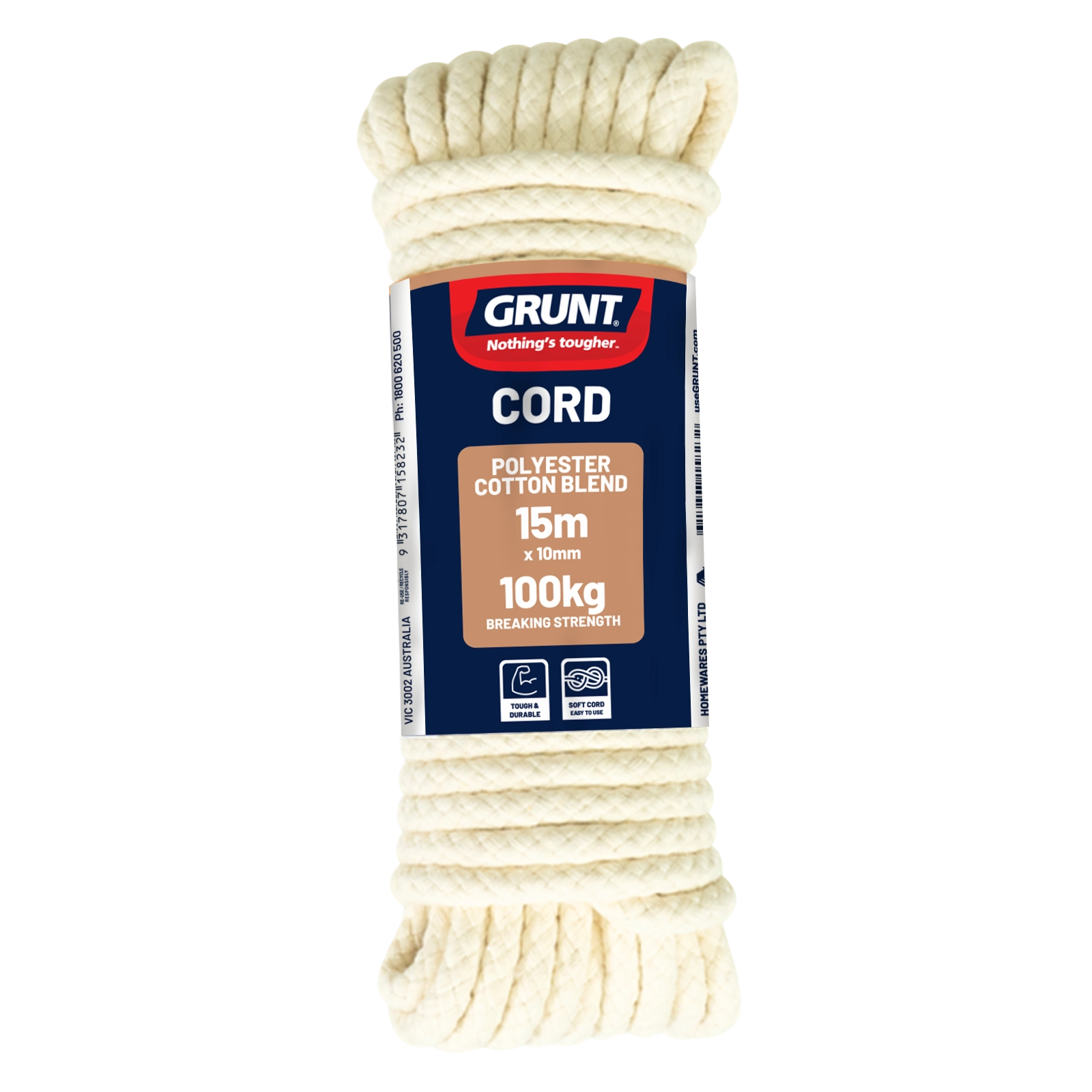 GRUNT 10mm x 15m Natural Cotton Sash Cord – extra-thick natural cotton rope for large sash windows, decorative use, and heavy-duty household applications. Soft and pliable. Available at Bunnings AU and NZ.
