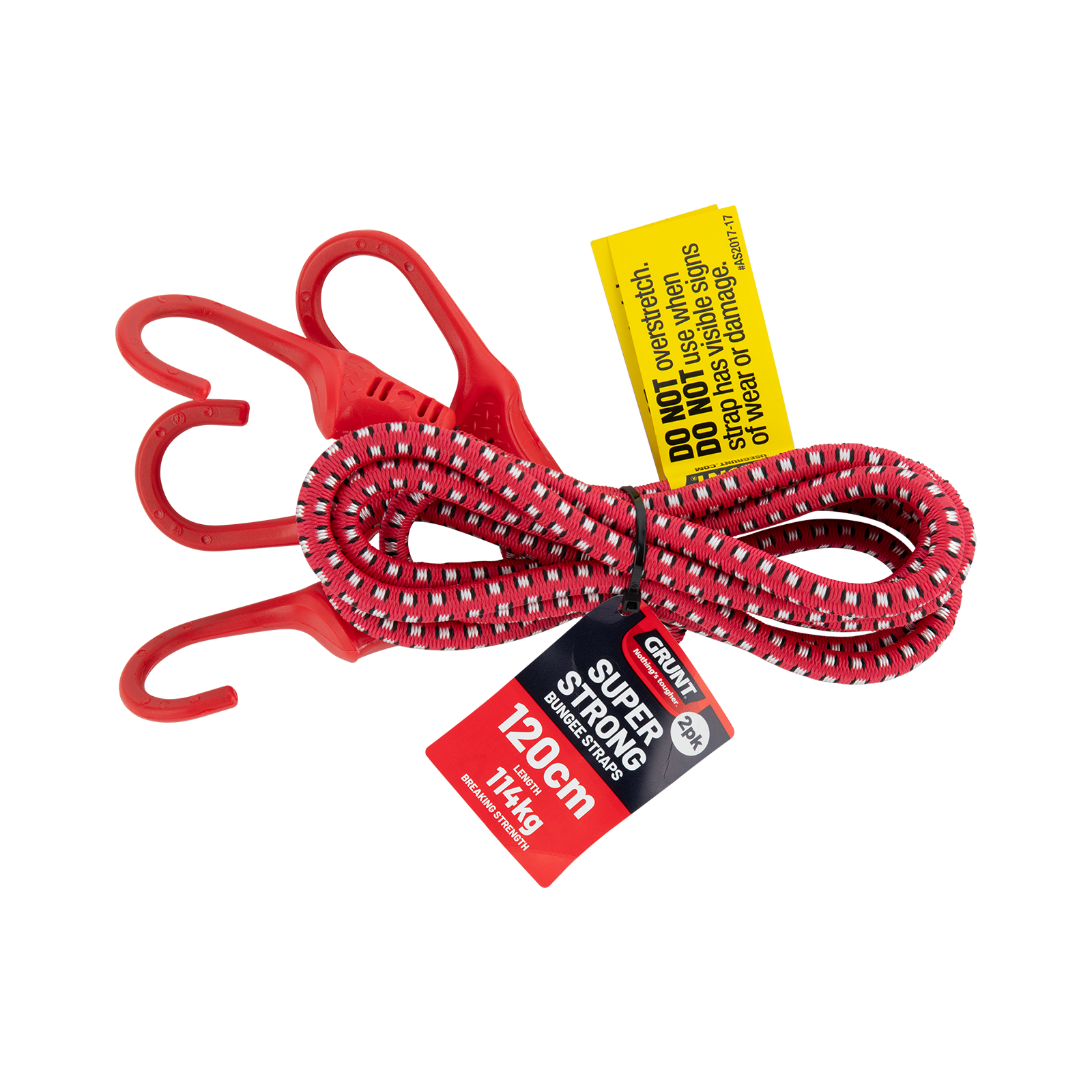 GRUNT 1200mm Red and Black Octopus Tie Down Straps 2-Pack – long multi-hook elastic bungee straps for securing large loads and bulky cargo on racks and trailers. High-visibility red for easy identification. Available at Bunnings AU and NZ.
