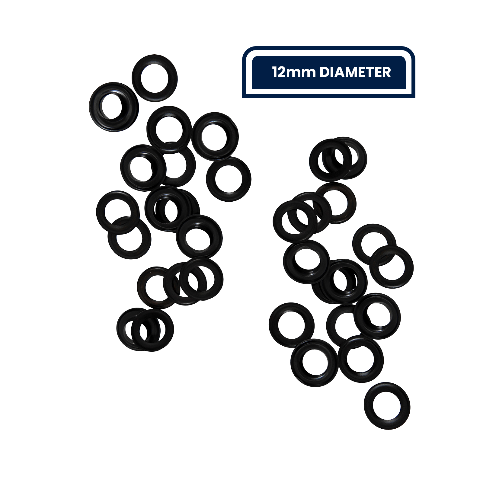 GRUNT 12mm Black Webbing Grommets 50-Pack – bulk pack of black-finish grommets for tarps, canvas, and fabric reinforcement. Strong and easy to set with matching punch tool. Available at Bunnings AU and NZ.