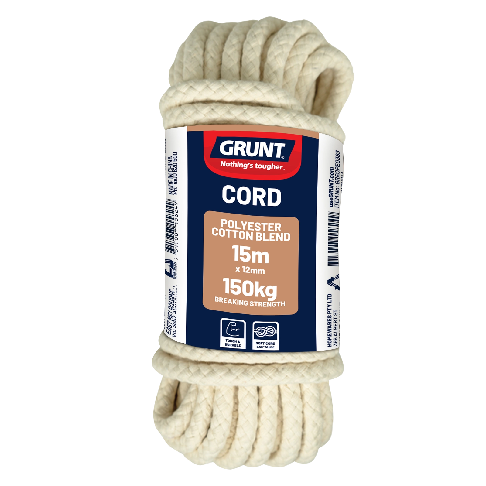 GRUNT 12mm x 15m Natural Cotton Sash Cord – premium thick twisted cotton rope for heavy-duty sash windows, nautical decor, and craft projects. Natural, sustainable fibre. Available at Bunnings AU and NZ.