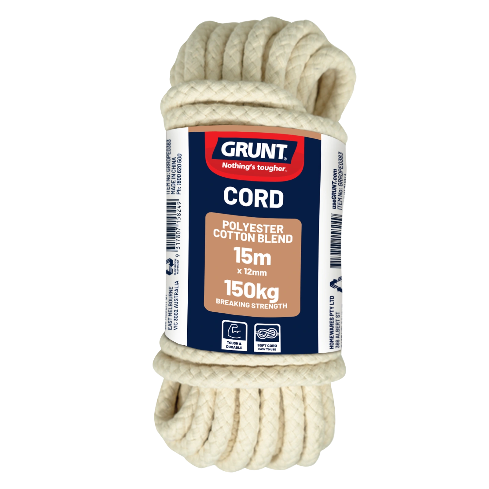 GRUNT 12mm x 15m Natural Cotton Sash Cord – premium thick twisted cotton rope for heavy-duty sash windows, nautical decor, and craft projects. Natural, sustainable fibre. Available at Bunnings AU and NZ.