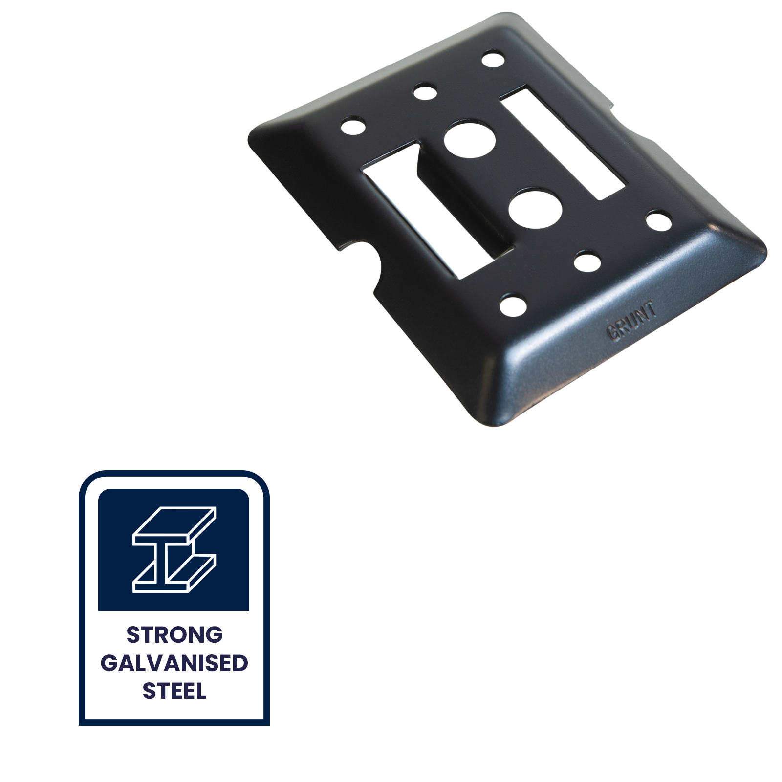 GRUNT 130mm x 160mm Black E Track Versatile Fixing Plate – universal black E-Track mounting plate for trailer and van cargo systems. Maximises tie-down point flexibility for secure load management. Available at Bunnings AU and NZ.