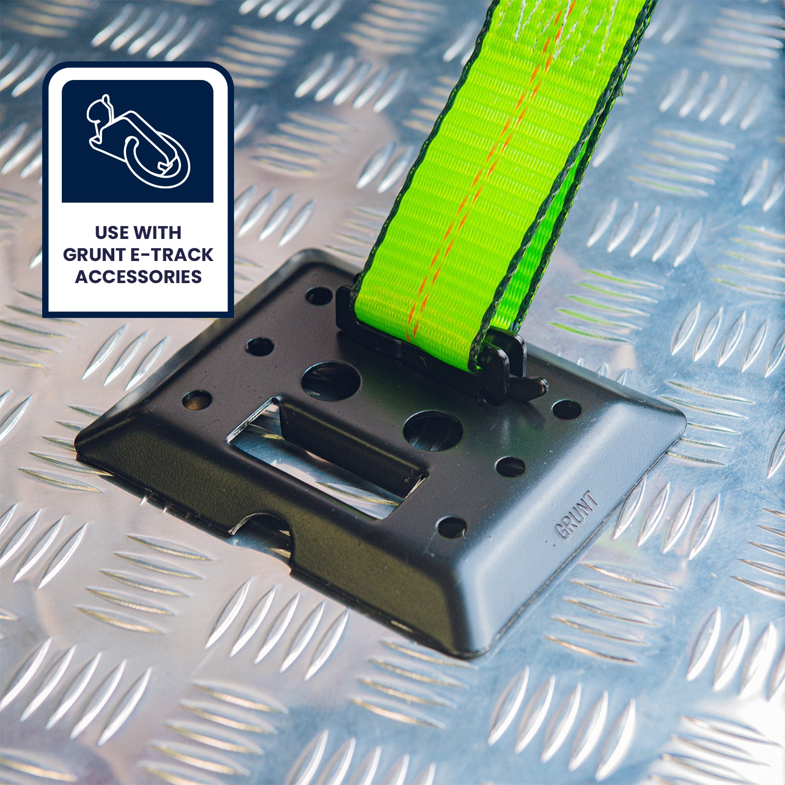GRUNT 130mm x 160mm Black E Track Versatile Fixing Plate – universal black E-Track mounting plate for trailer and van cargo systems. Maximises tie-down point flexibility for secure load management. Available at Bunnings AU and NZ.