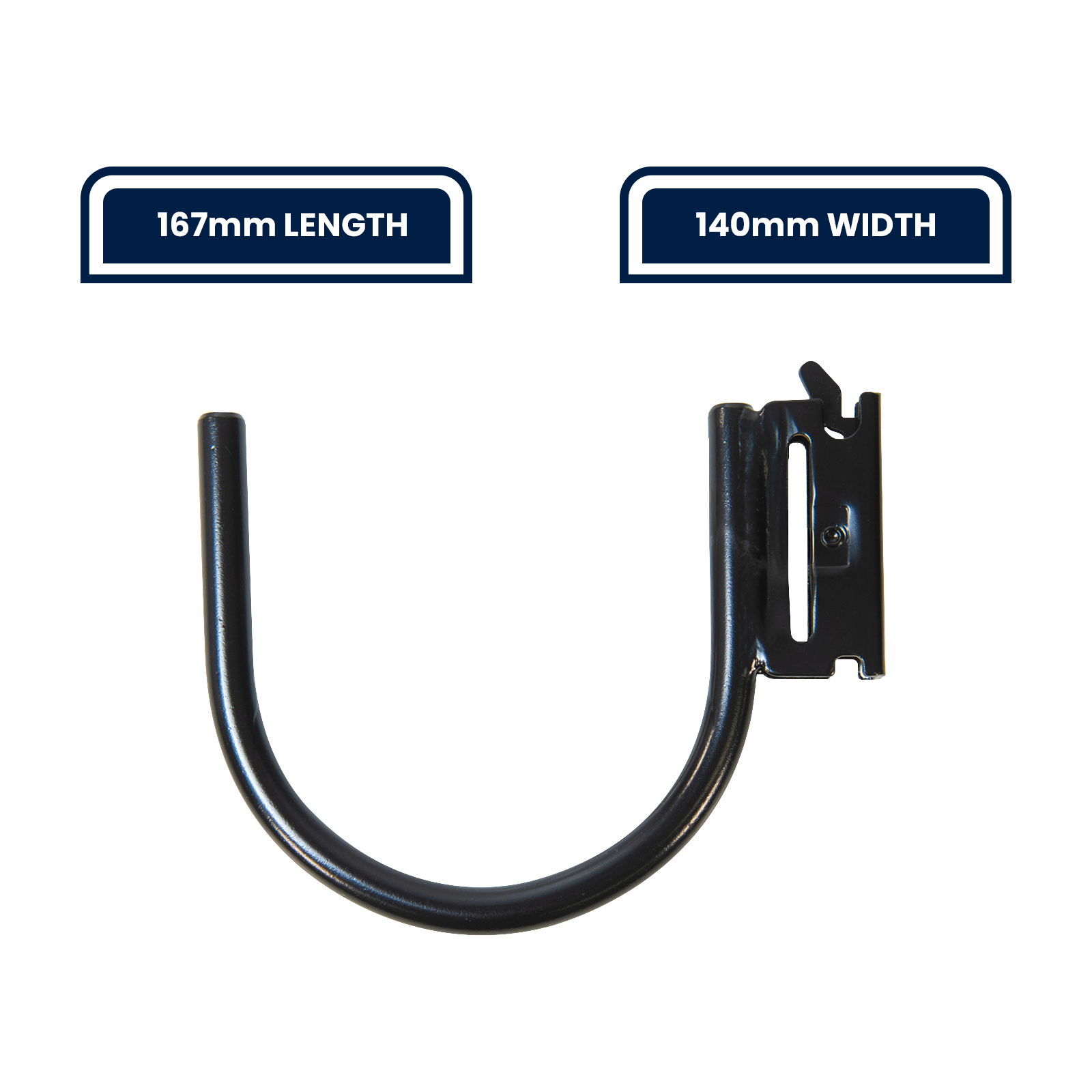 GRUNT 140mm x 167mm Black E Track U Hook Fitting – heavy-duty U-hook E-Track fitting for attaching rope, nets, and straps in trailer and van cargo systems. Secure snap-lock installation. Available at Bunnings AU and NZ.
