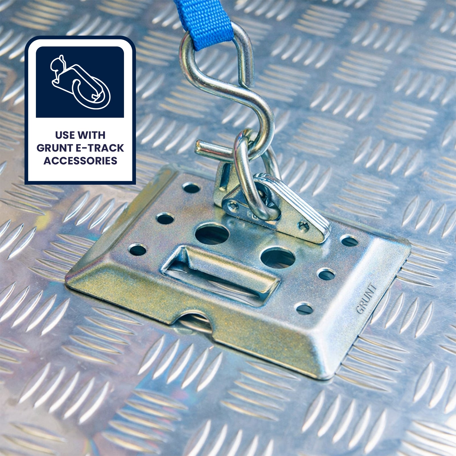 GRUNT 160mm Silver E Track Versatile Fixing Plate – universal mounting plate for E-Track cargo systems in trailers and vans. Maximises load-securing flexibility and tie-down attachment options. Available at Bunnings AU.