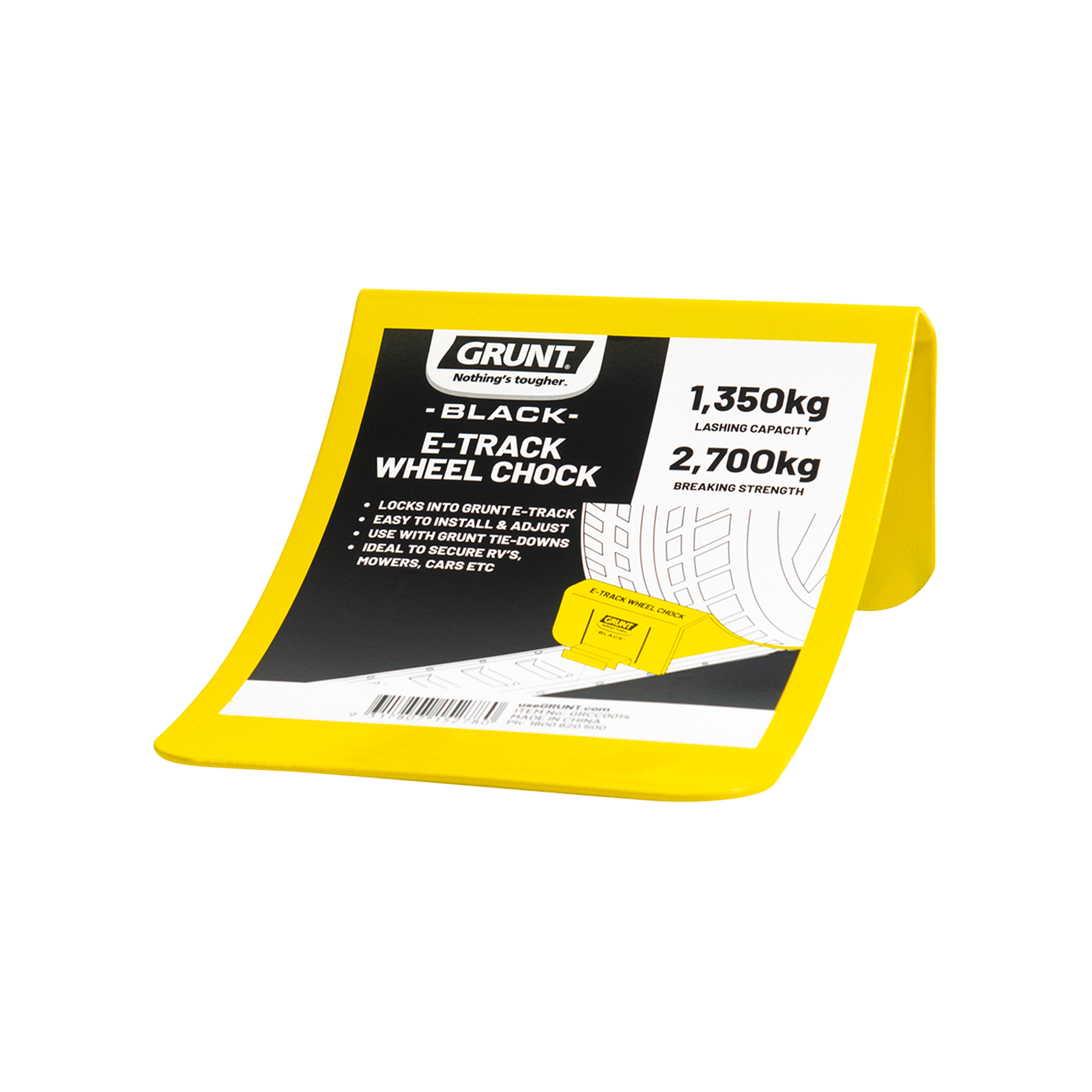 GRUNT 167mm E Track Wheel Chock – E-Track compatible wheel chock for securing motorcycles and wheeled equipment during transport. Prevents forward/backward movement on trailer beds. Available at Bunnings AU and NZ.