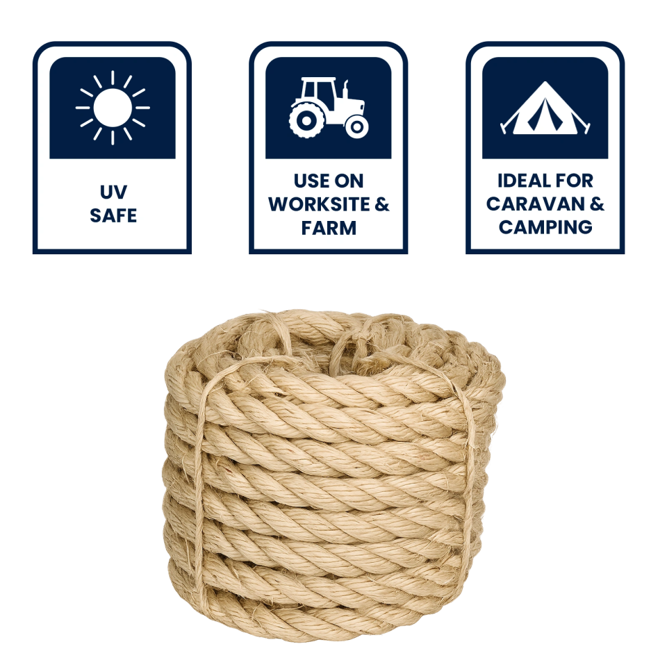 GRUNT 16mm x 10m Natural Sisal Twisted Rope – premium extra-thick sisal rope for commercial cat furniture, heavy nautical decor, and large-scale craft projects. Strong, natural, and eco-friendly. Available at Bunnings AU and NZ.