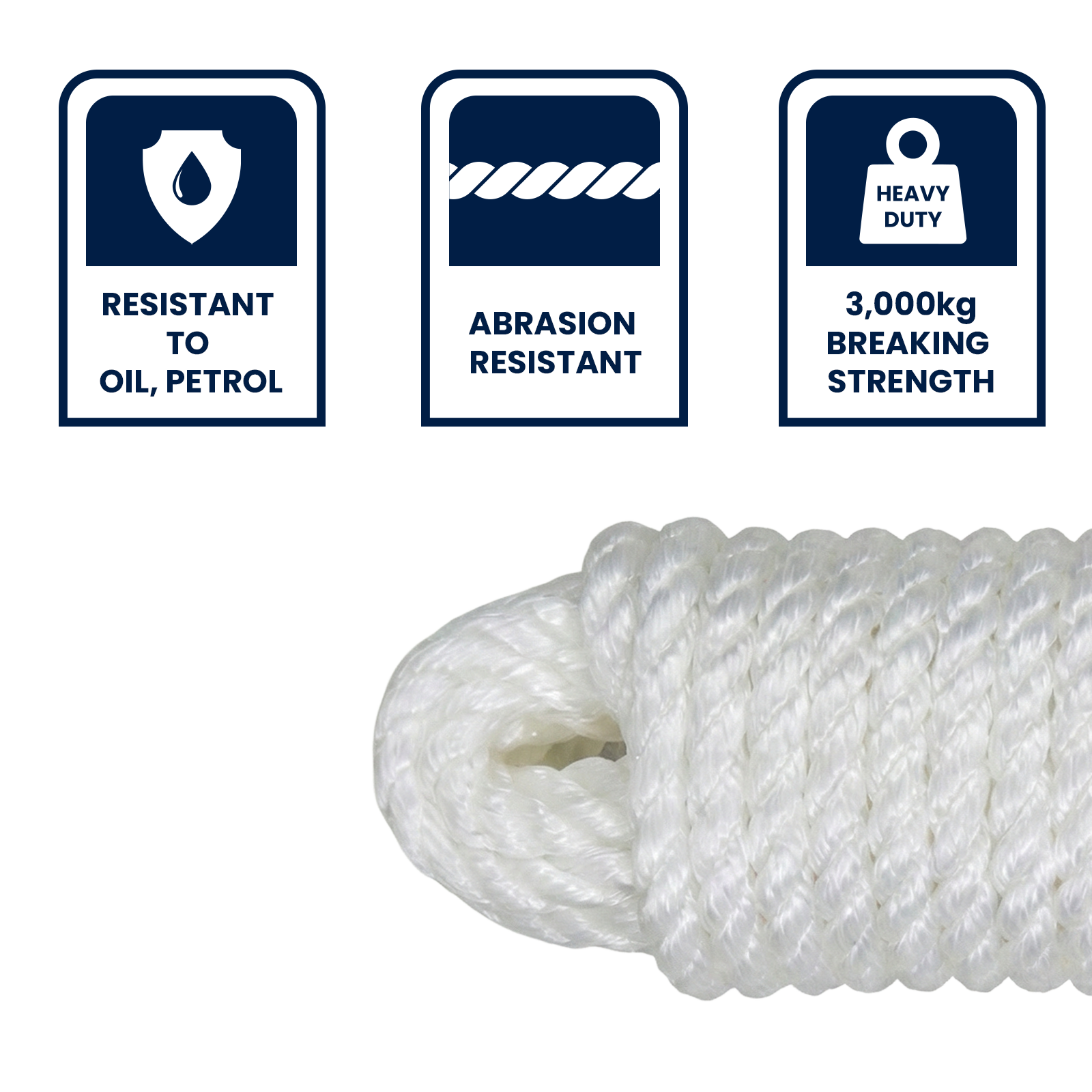 GRUNT 16mm x 20m White Super Silver Rope – extra-thick heavy-duty polypropylene rope for industrial, marine, and commercial load restraint. Top-of-range rope for the toughest jobs. Available at Bunnings AU and NZ.