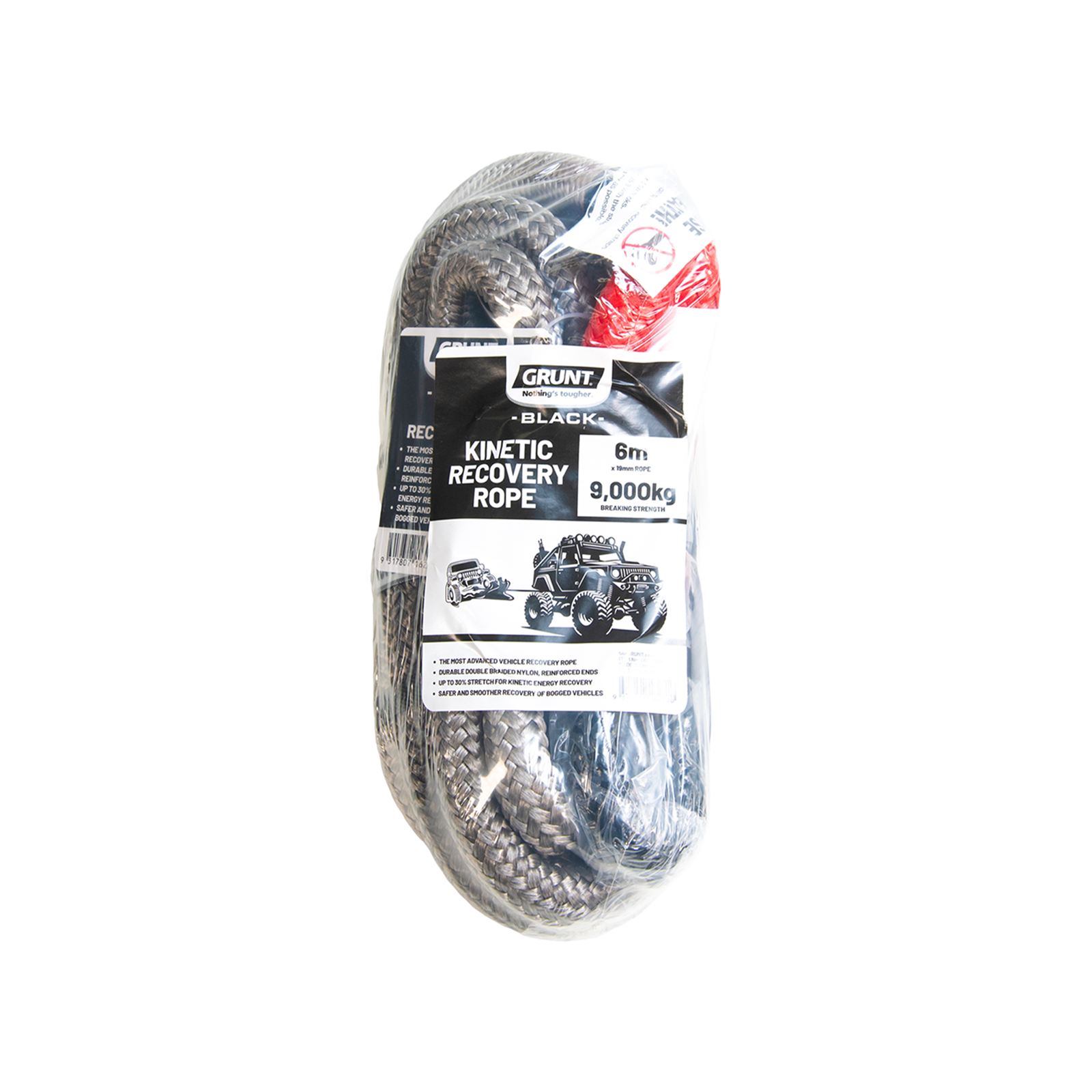 GRUNT 19mm x 6m Cream Kinetic Nylon Recovery Rope – 8000kg kinetic energy rope for 4WD off-road vehicle recovery. Stretch-absorbing nylon construction for safe, effective extraction from mud and sand. Available at Bunnings AU and NZ.