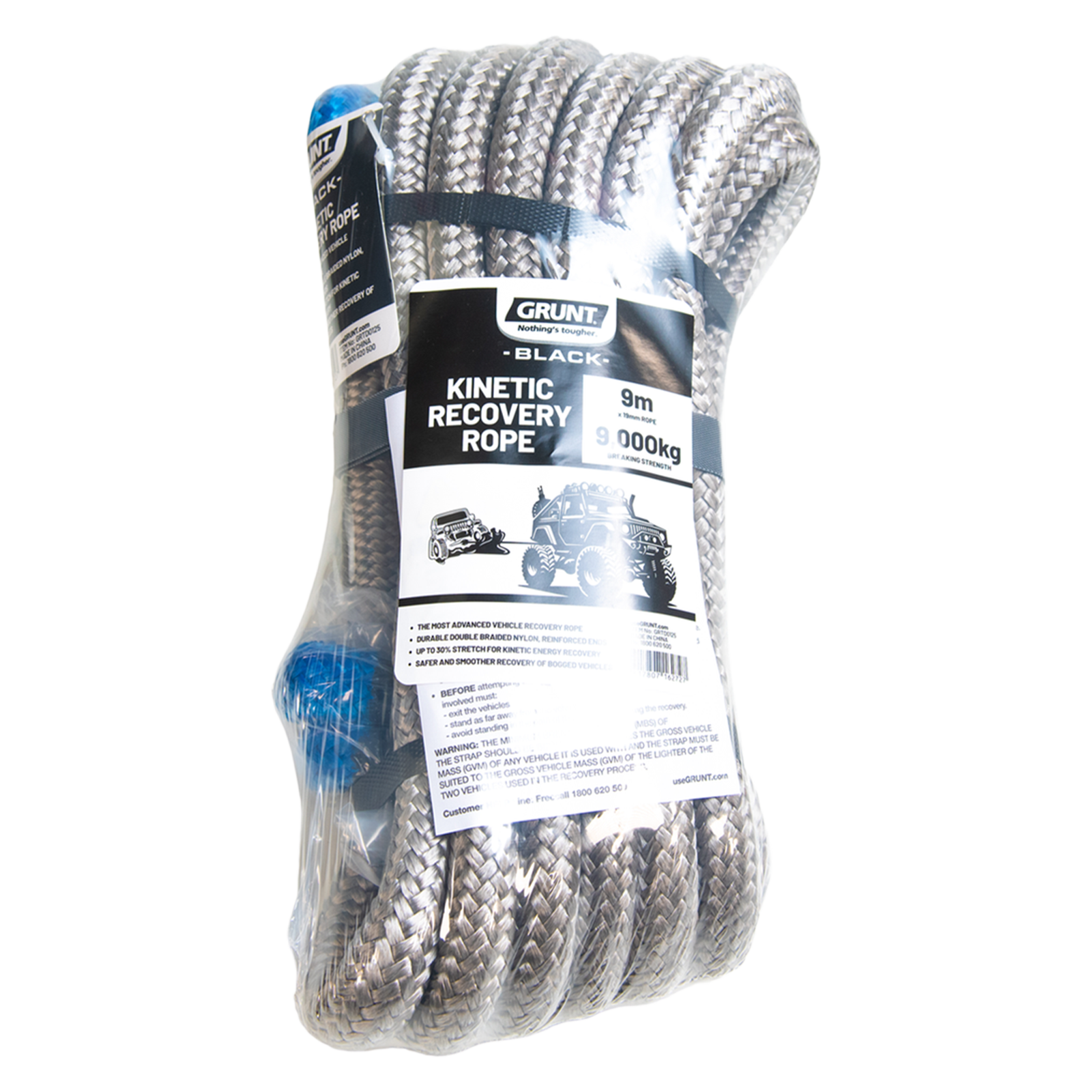 GRUNT 19mm x 9m Grey Kinetic Nylon Recovery Rope – 9000kg kinetic energy recovery rope for 4WD and off-road vehicle extraction. Stretch-absorbing construction for smooth and safe recovery. Available at Bunnings AU and NZ.