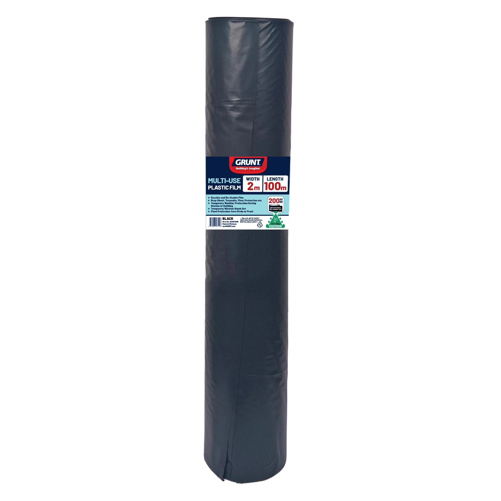 GRUNT 2m x 100m Black 70um Multi Use Plastic Film – bulk trade roll of standard builders film for large-scale DPC, soil cover, and vapour barrier applications. UV-resistant and cost-effective for high-volume construction. Available at Bunnings AU.