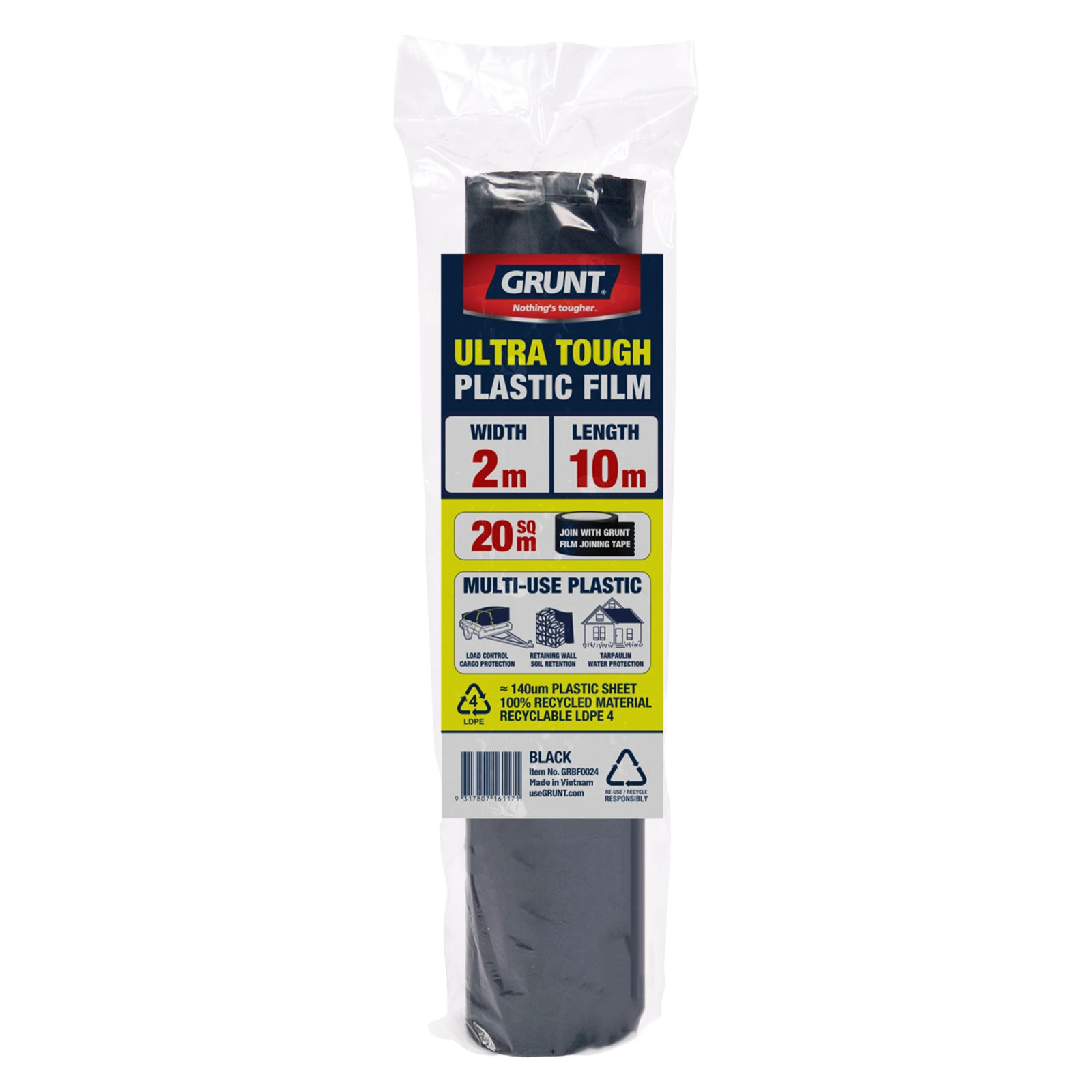 GRUNT 2m x 10m Black 140um Multi Use Plastic Film – mid-length extra-thick builders film for DPC, subfloor vapour barriers, and site waterproofing. Heavy-duty tear-resistant construction. Available at Bunnings AU.
