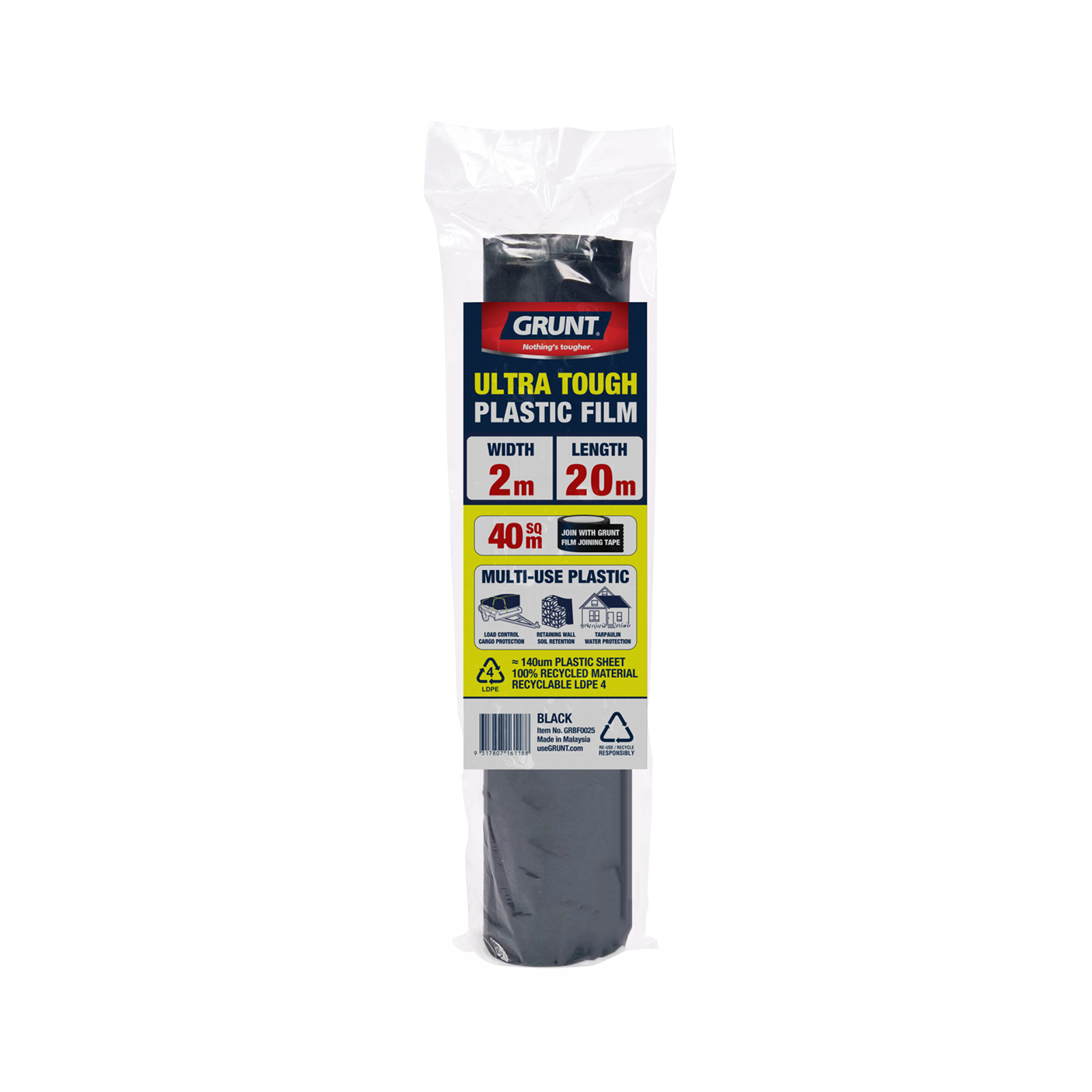 Grunt 2m x 20m Black 140um Multi Use Plastic Film