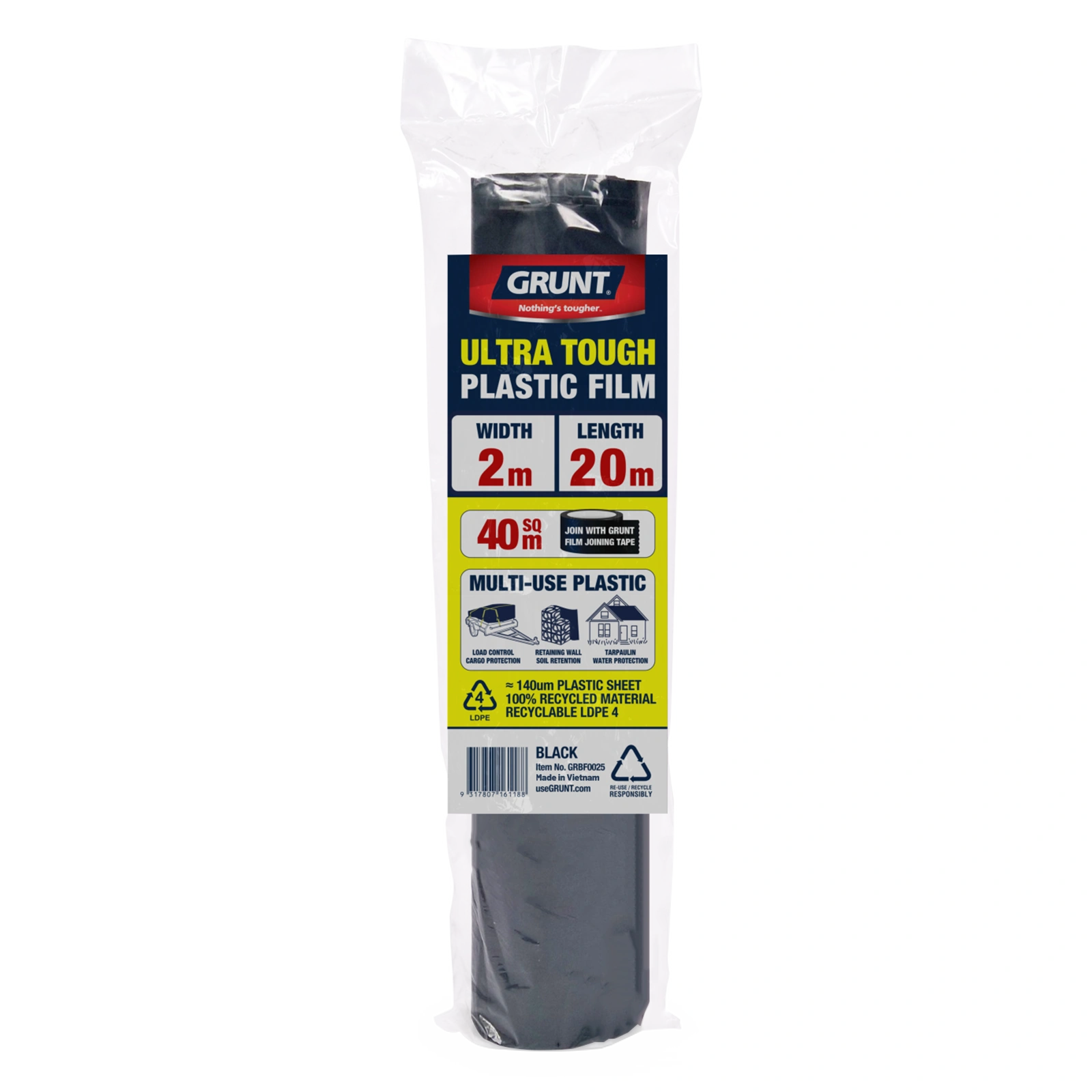GRUNT 2m x 20m Black 140um Multi Use Plastic Film – heavy-duty extra-thick builders film for DPC, vapour barriers, waterproofing, and soil coverage. Tear-resistant for demanding construction applications. Available at Bunnings AU.