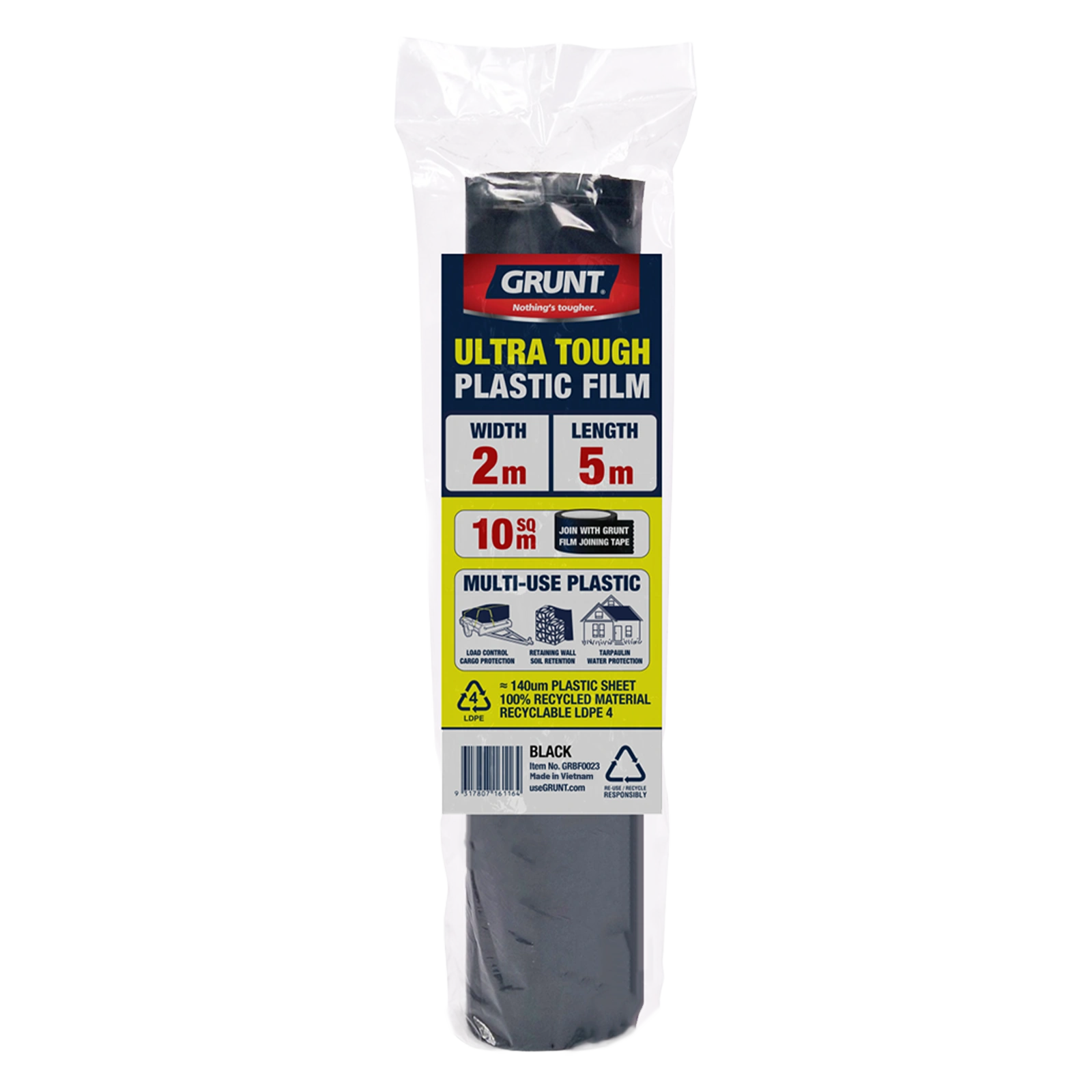 GRUNT 2m x 5m Black 140um Multi Use Plastic Film – compact extra-thick heavy-duty builders film for small area DPC, waterproofing, and subfloor moisture barriers. Tear-resistant for construction site use. Available at Bunnings AU.
