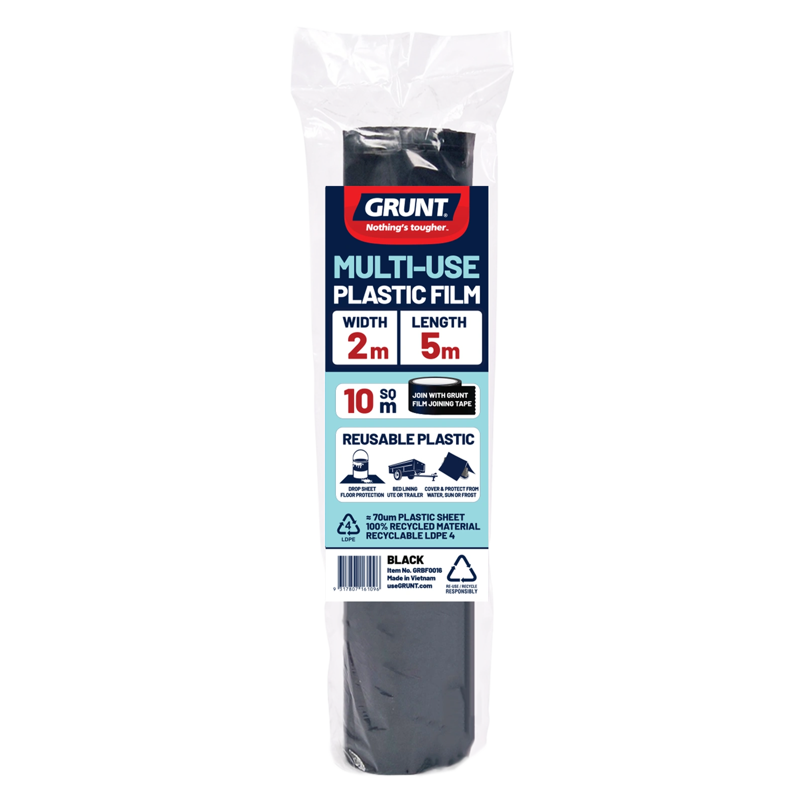 GRUNT 2m x 5m Black 70um Multi Use Plastic Film – compact builders film for small area soil covers, DPC, and site protection tasks. Standard thickness, UV-resistant, and flexible. Available at Bunnings AU.