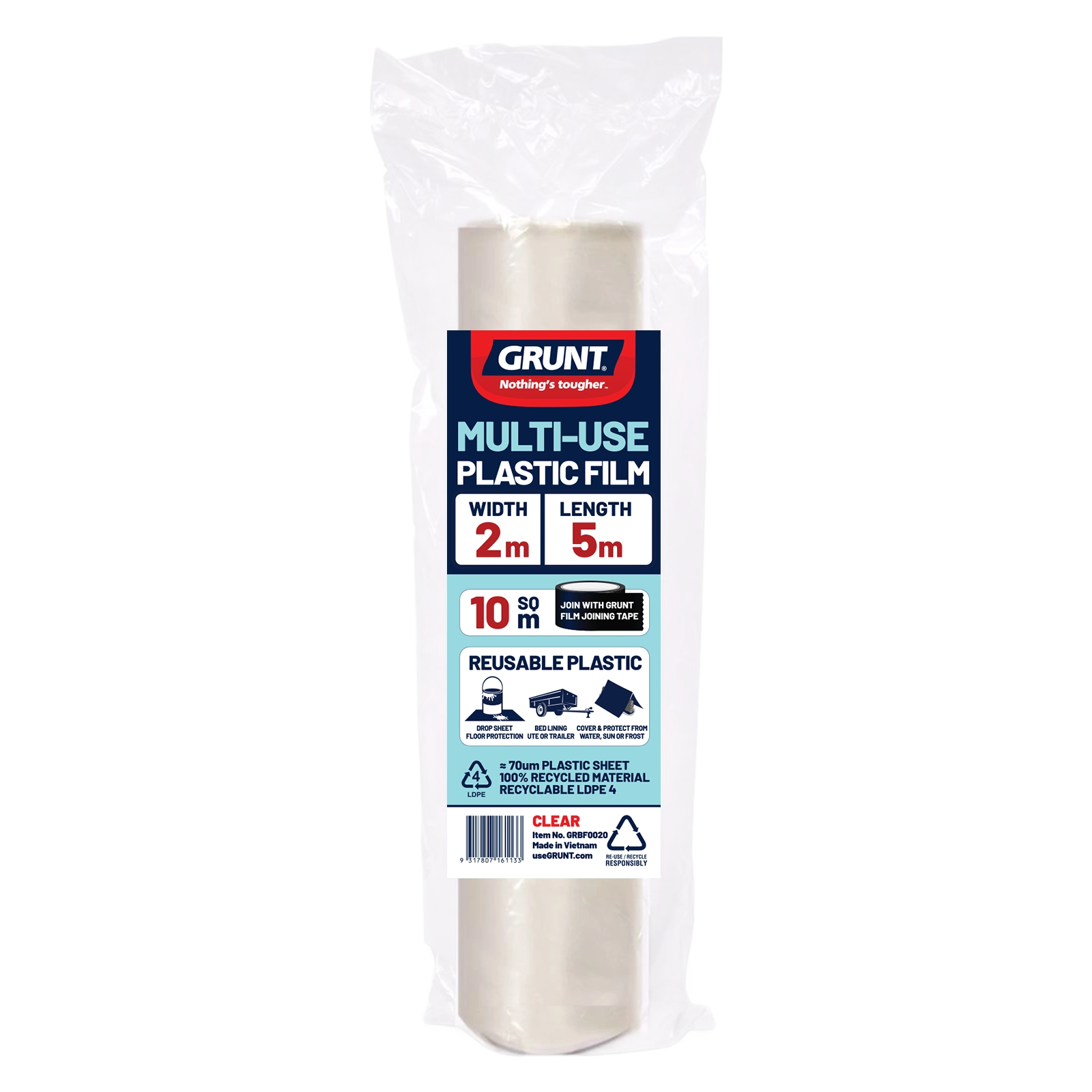 GRUNT 2m x 5m Clear 70um Multi Use Plastic Film – compact transparent film for greenhouse mini covers, concrete curing, and small site protection applications. Lightweight and easy to cut and fit. Available at Bunnings AU.