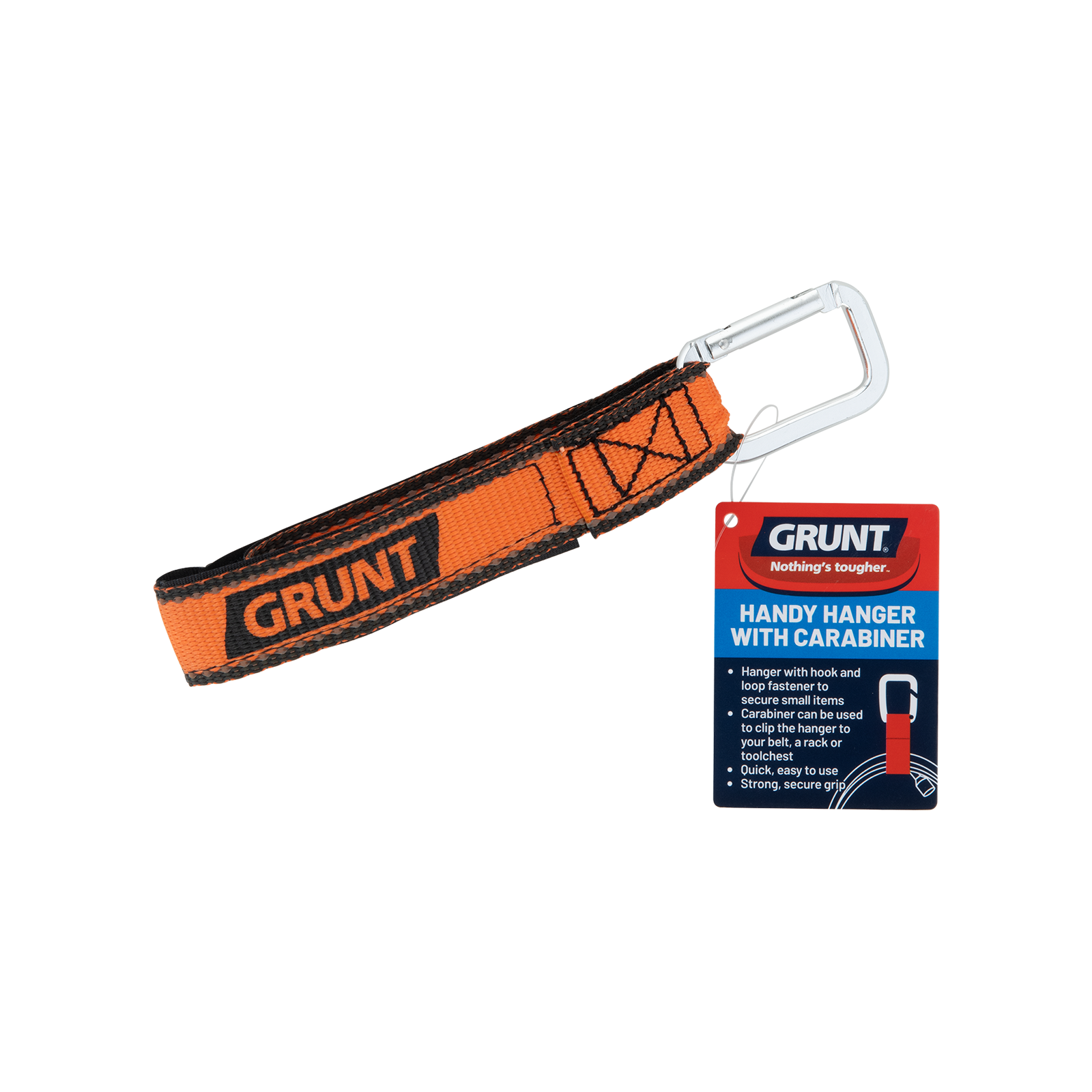 GRUNT 20cm Handy Hanger and Carabiner Clip – versatile carabiner hook for camping, hanging gear, and general-purpose clip and hang applications. Lightweight and easy to use. Available at Bunnings AU and NZ.