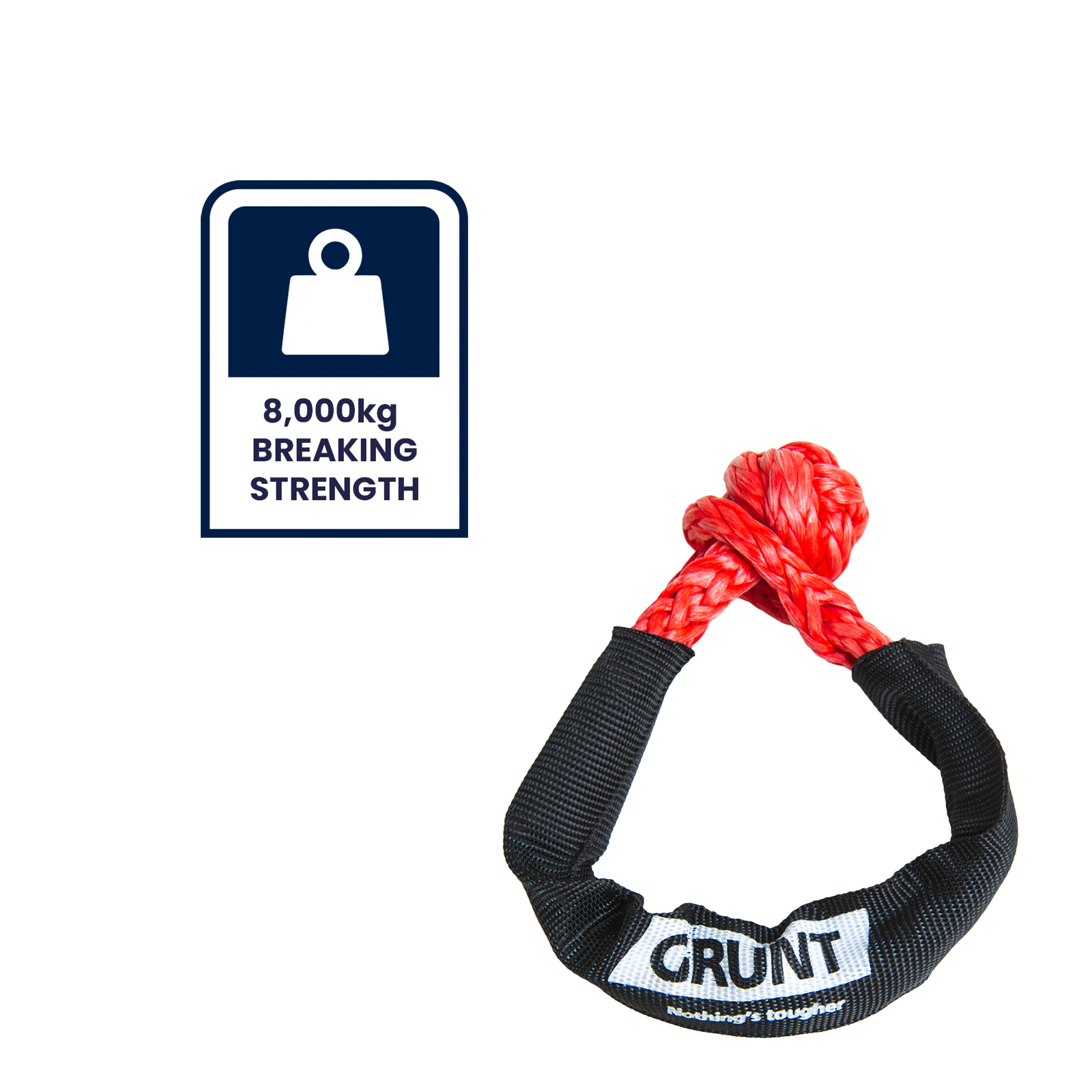 GRUNT 230mm Red and Black Soft Shackle – 8000kg rated synthetic fibre soft shackle for 4WD recovery and vehicle extraction. Lightweight, safe, and non-damaging alternative to steel shackles. Available at Bunnings AU and NZ.