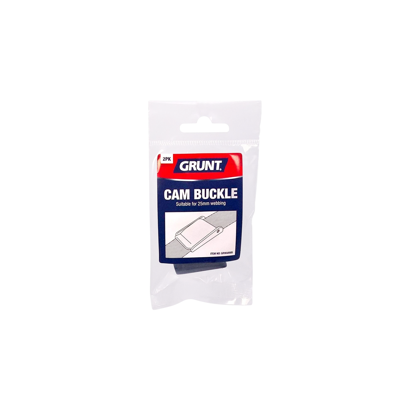 GRUNT 25mm Black Cam Buckle 2-Pack – strong cam-lock buckles for 25mm webbing straps, tie-downs, and bag closures. Quick-adjust no-slip locking mechanism. Available at Bunnings AU and NZ.