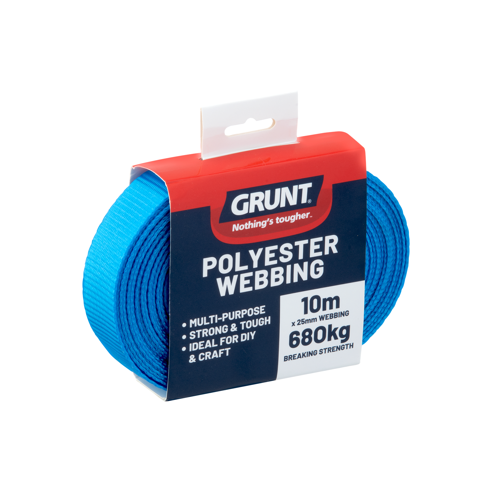 GRUNT 25mm x 10m Heavy Duty Blue Polyester Webbing – 680kg breaking strength blue polyester webbing for custom straps, DIY tie-downs, and harness making. UV-stable and abrasion-resistant. Available at Bunnings AU and NZ.