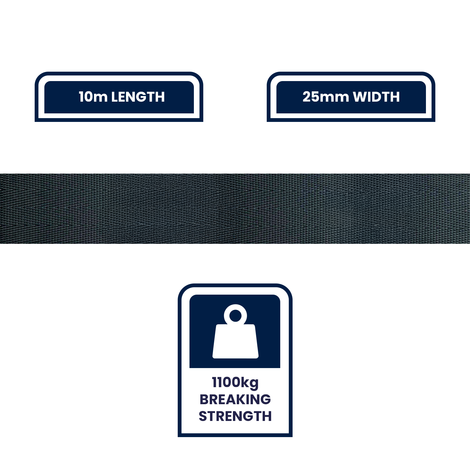 GRUNT 25mm x 10m Heavy Duty Nylon Black Polyester Webbing – strong nylon-reinforced black webbing for tie-downs, bag straps, and cargo restraint systems. Durable and UV-resistant. Available at Bunnings AU and NZ.