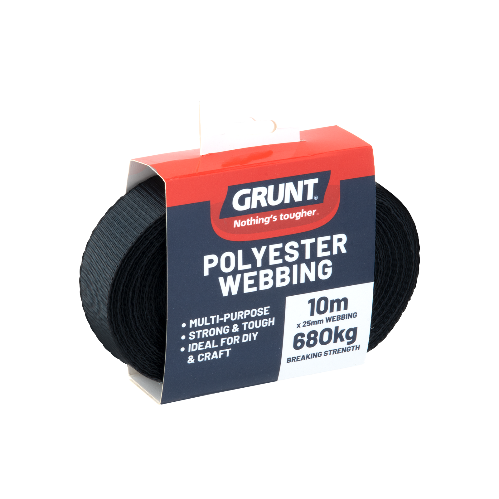GRUNT 25mm x 10m Heavy Duty Black Polyester Webbing – strong, UV-resistant polyester strap webbing for DIY tie-downs, bag making, and cargo restraint. 680kg breaking strength. Available at Bunnings AU and NZ.