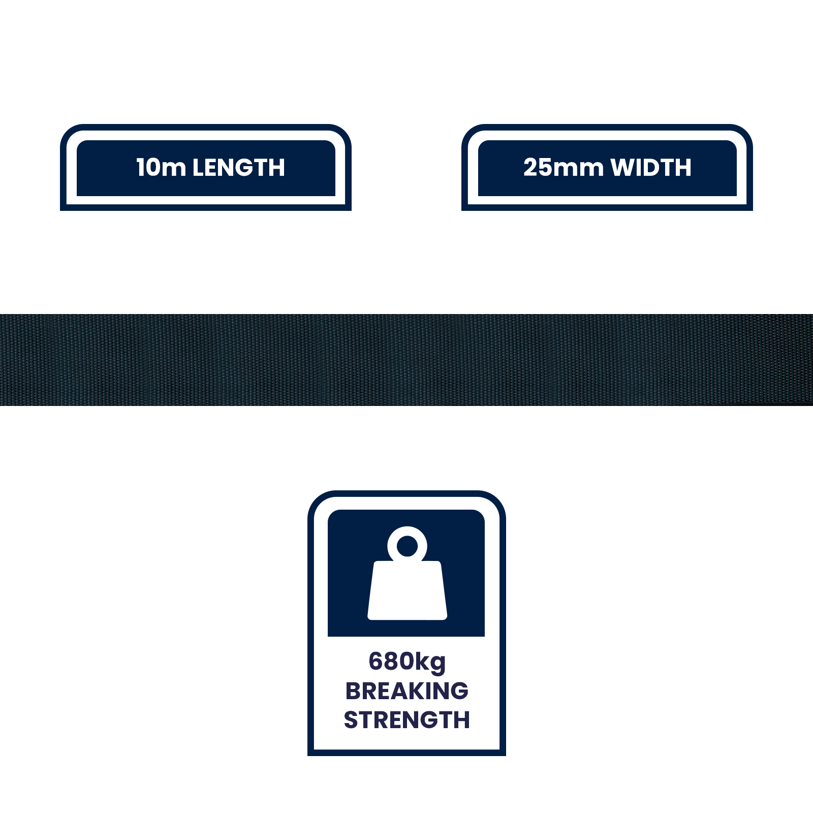 GRUNT 25mm x 10m Heavy Duty Black Polyester Webbing – strong, UV-resistant polyester strap webbing for DIY tie-downs, bag making, and cargo restraint. 680kg breaking strength. Available at Bunnings AU and NZ.