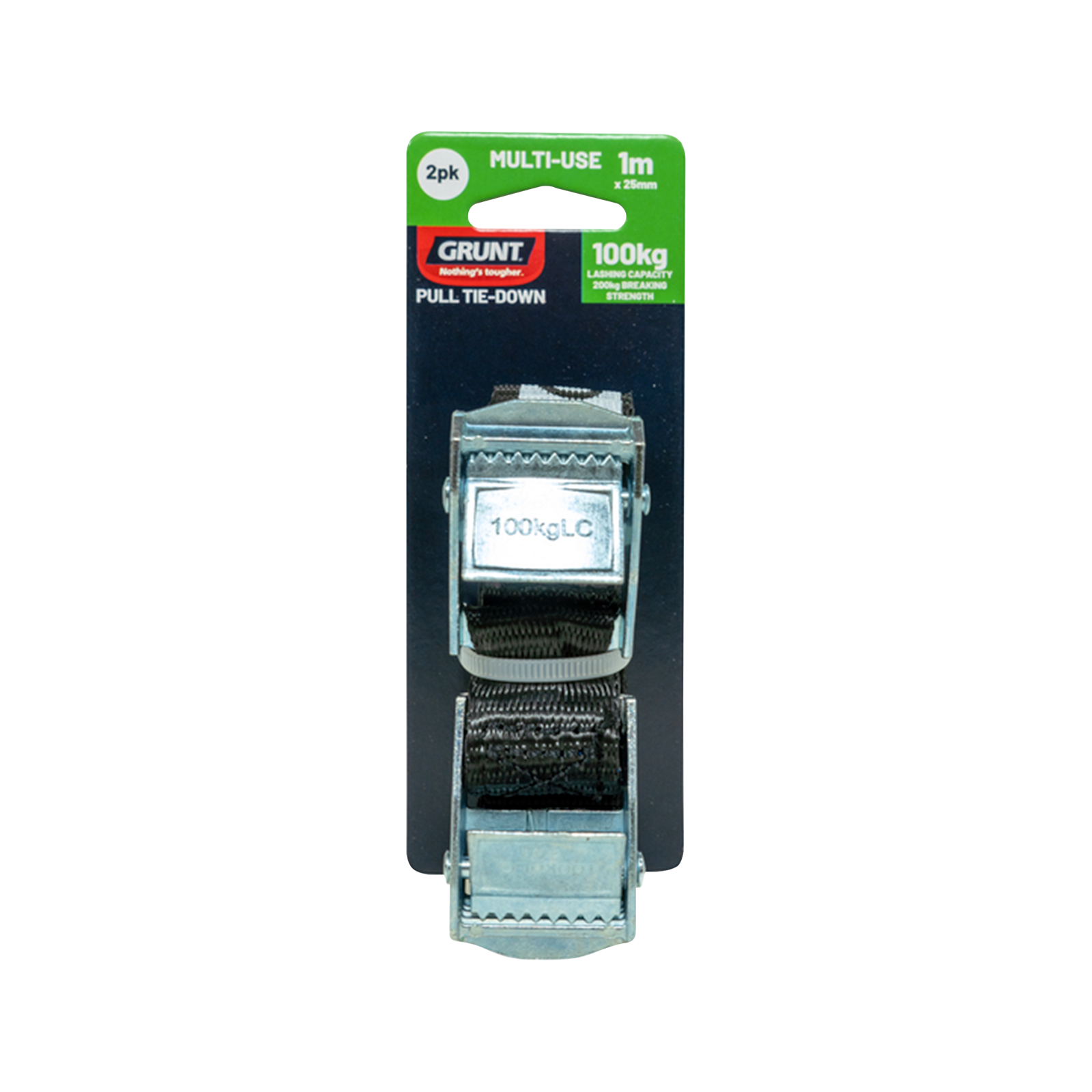 GRUNT 25mm x 1m Black Pull Tie Down Strap 2-Pack – compact cam-buckle pull straps for securing light loads, bikes, and camping gear. Simple pull-to-tighten mechanism for fast load securing. Available at Bunnings AU and NZ.