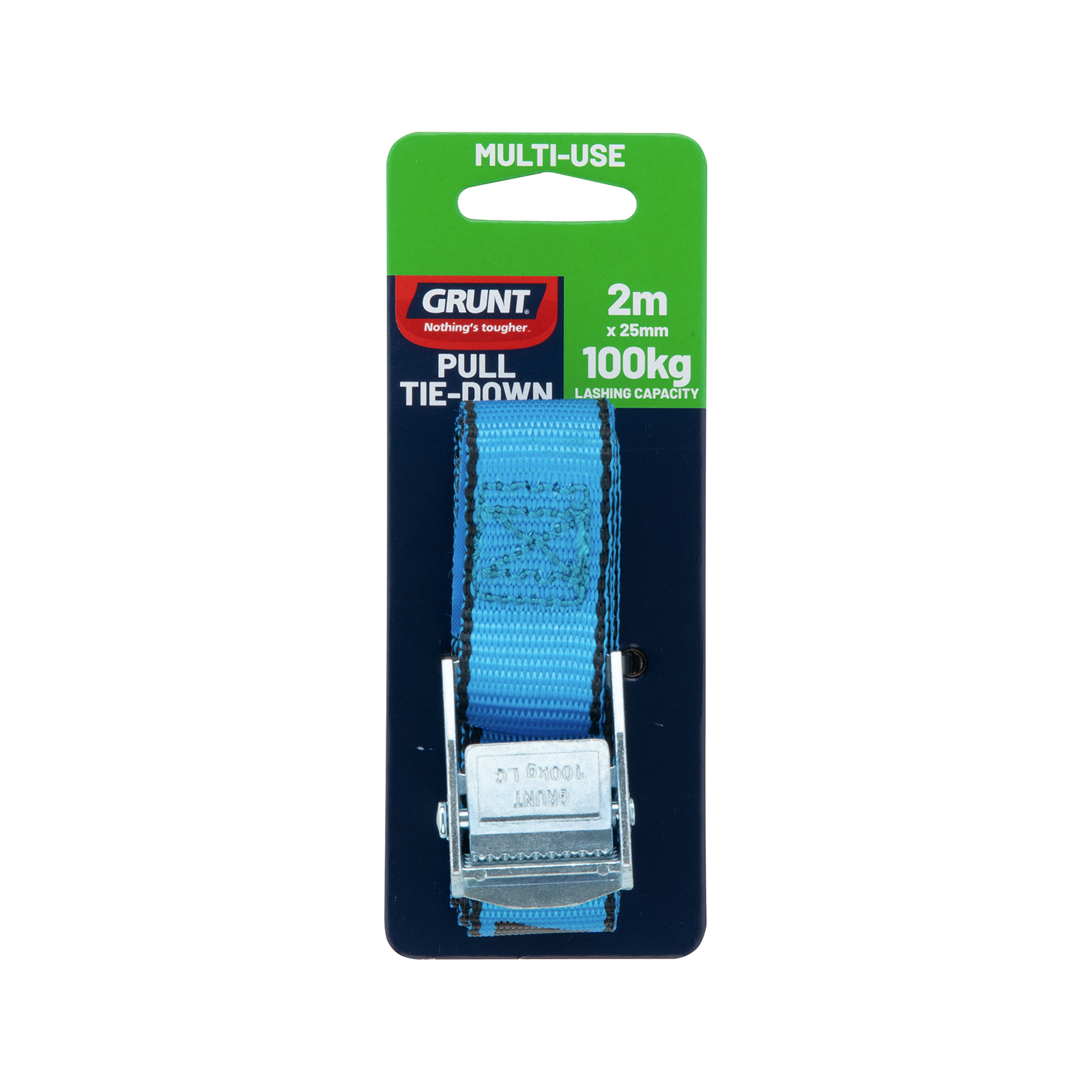GRUNT 25mm x 2m Blue Pull Tie Down Strap – cam-buckle pull strap for securing light loads, motorcycles, and sports equipment. Quick and easy pull-to-lock mechanism. Available at Bunnings AU and NZ.