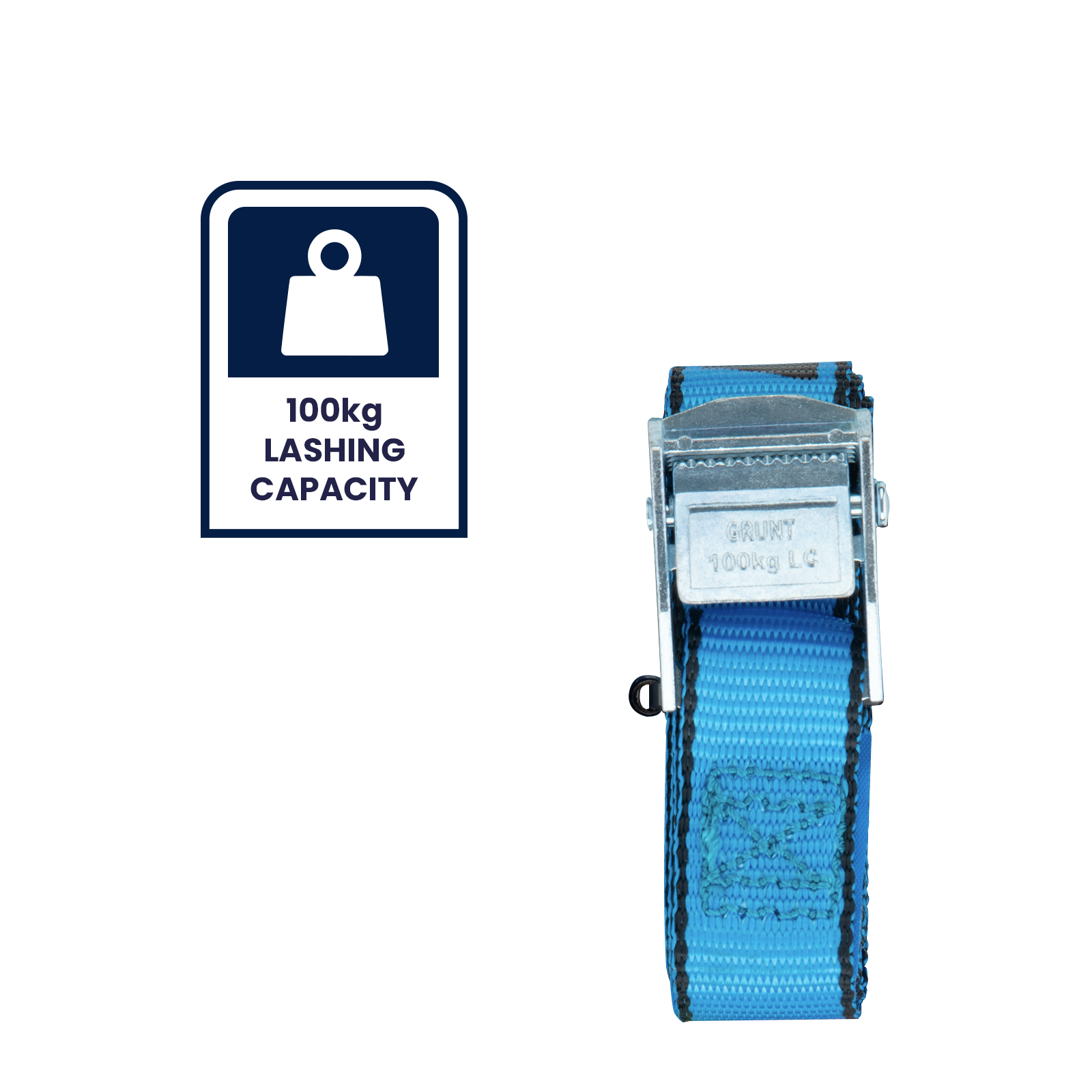 GRUNT 25mm x 2m Blue Pull Tie Down Strap – cam-buckle pull strap for securing light loads, motorcycles, and sports equipment. Quick and easy pull-to-lock mechanism. Available at Bunnings AU and NZ.