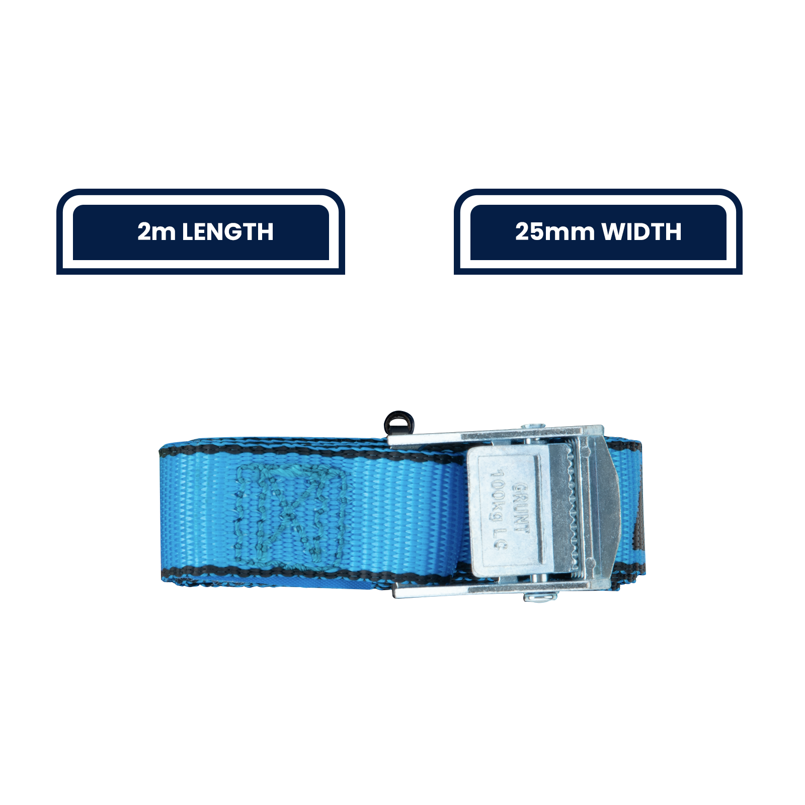 GRUNT 25mm x 2m Blue Pull Tie Down Strap – cam-buckle pull strap for securing light loads, motorcycles, and sports equipment. Quick and easy pull-to-lock mechanism. Available at Bunnings AU and NZ.