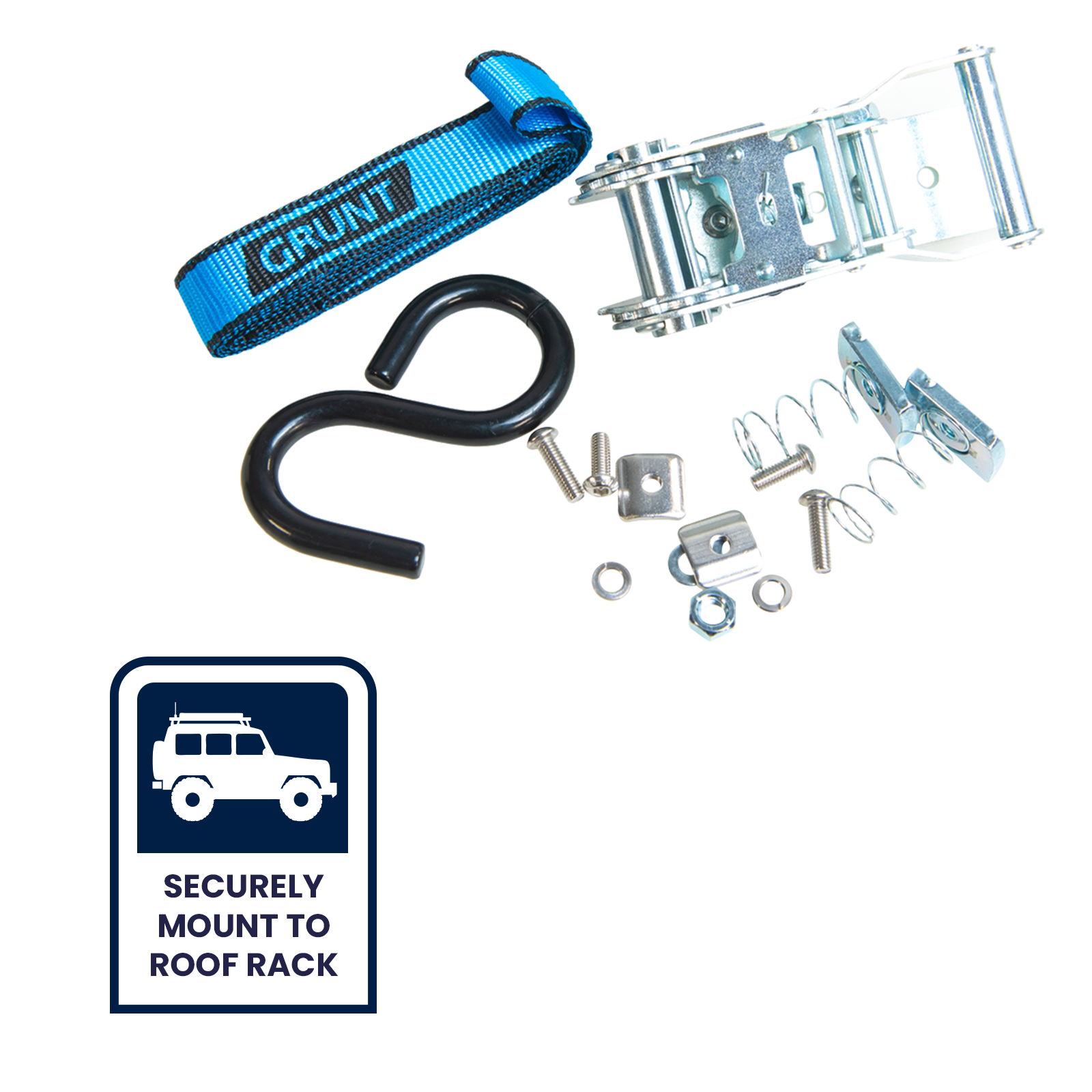 GRUNT 25mm x 2m Blue T Slot Roof Ratchet Tie Down – T-slot compatible ratchet strap for securing loads to roof racks and cargo rails. Easy-to-install T-bolt for tool-free attachment. Available at Bunnings AU and NZ.
