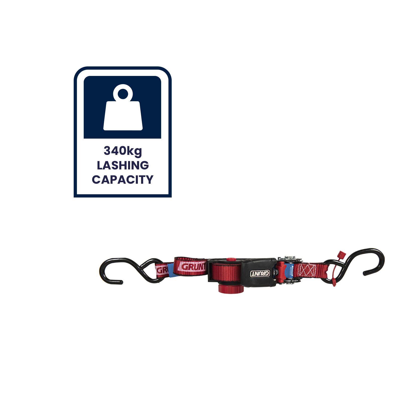 GRUNT 25mm x 3.5m Black Retractable Ratchet Tie Down 2-Pack – self-retracting ratchet straps for tangle-free load securing on trailers and utes. Auto-rewind for easy storage and deployment. Available at Bunnings AU and NZ.