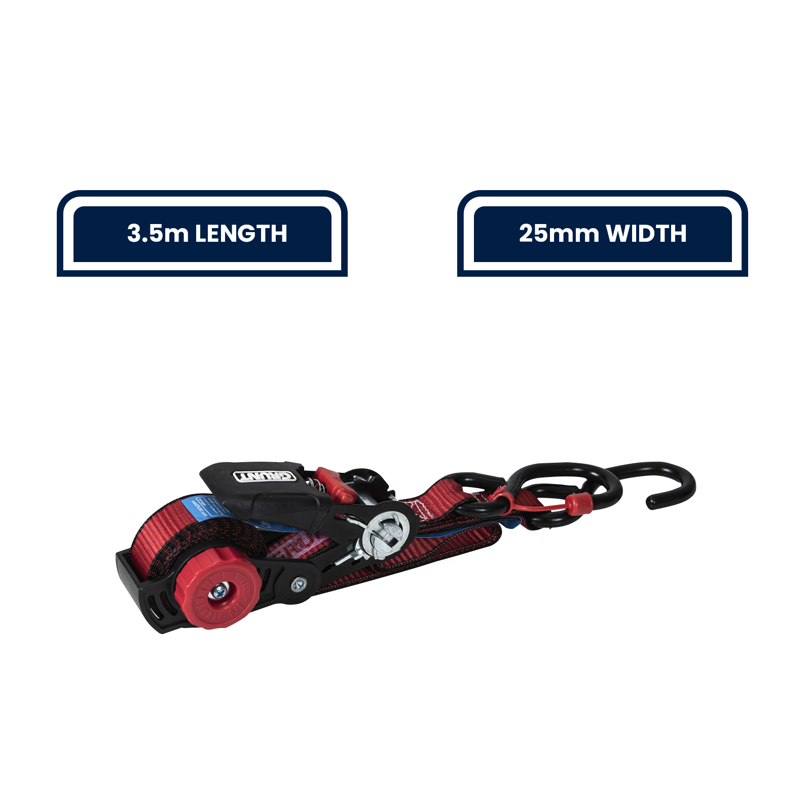 GRUNT 25mm x 3.5m Black Retractable Ratchet Tie Down 2-Pack – self-retracting ratchet straps for tangle-free load securing on trailers and utes. Auto-rewind for easy storage and deployment. Available at Bunnings AU and NZ.