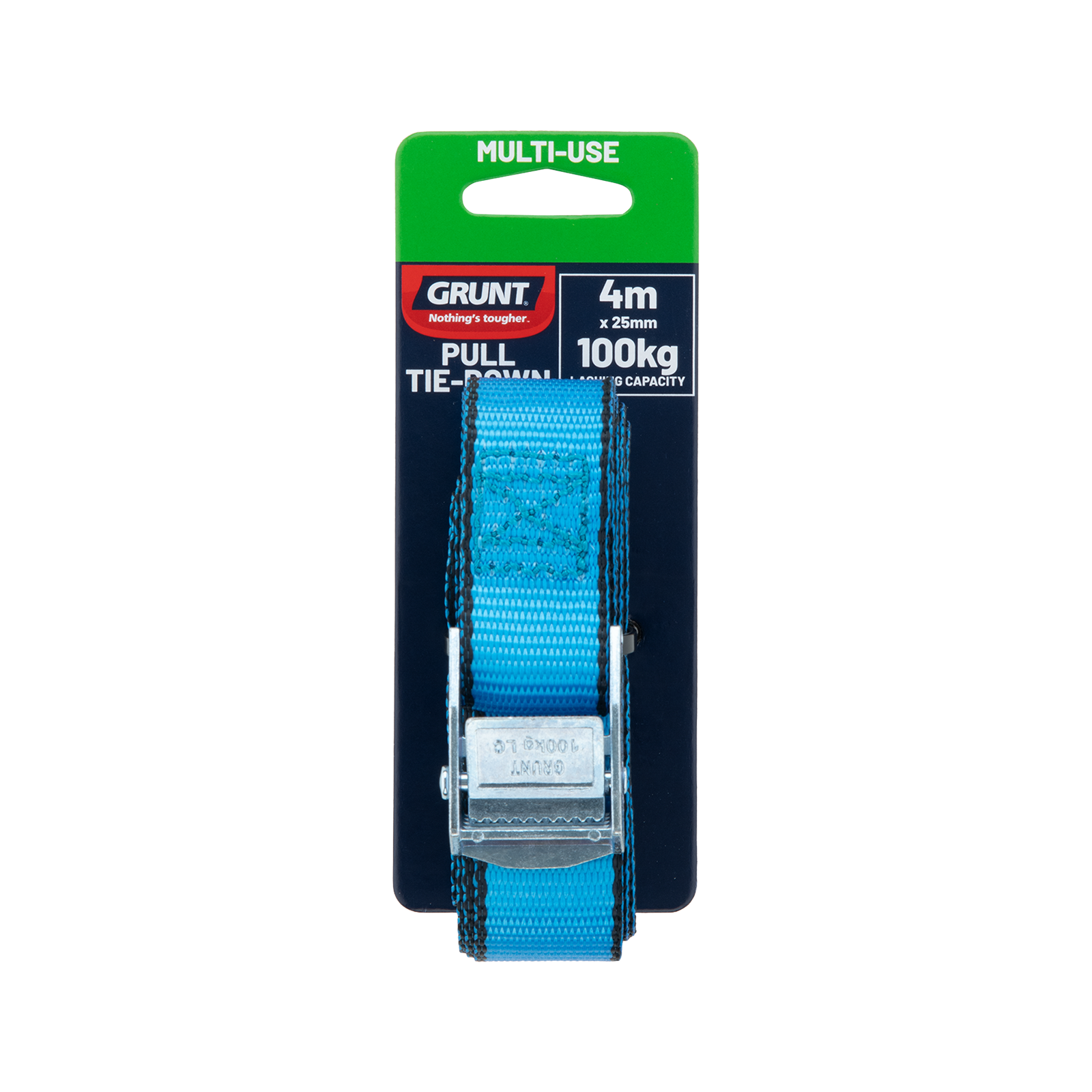 GRUNT 25mm x 4m Blue Pull Tie Down Strap – longer cam-buckle strap for securing medium loads, furniture, and cargo. Easy pull-to-tighten system with reliable cam-lock hold. Available at Bunnings AU and NZ.