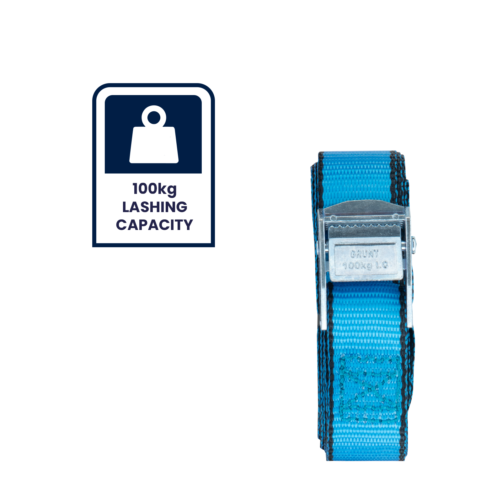 GRUNT 25mm x 4m Blue Pull Tie Down Strap – longer cam-buckle strap for securing medium loads, furniture, and cargo. Easy pull-to-tighten system with reliable cam-lock hold. Available at Bunnings AU and NZ.