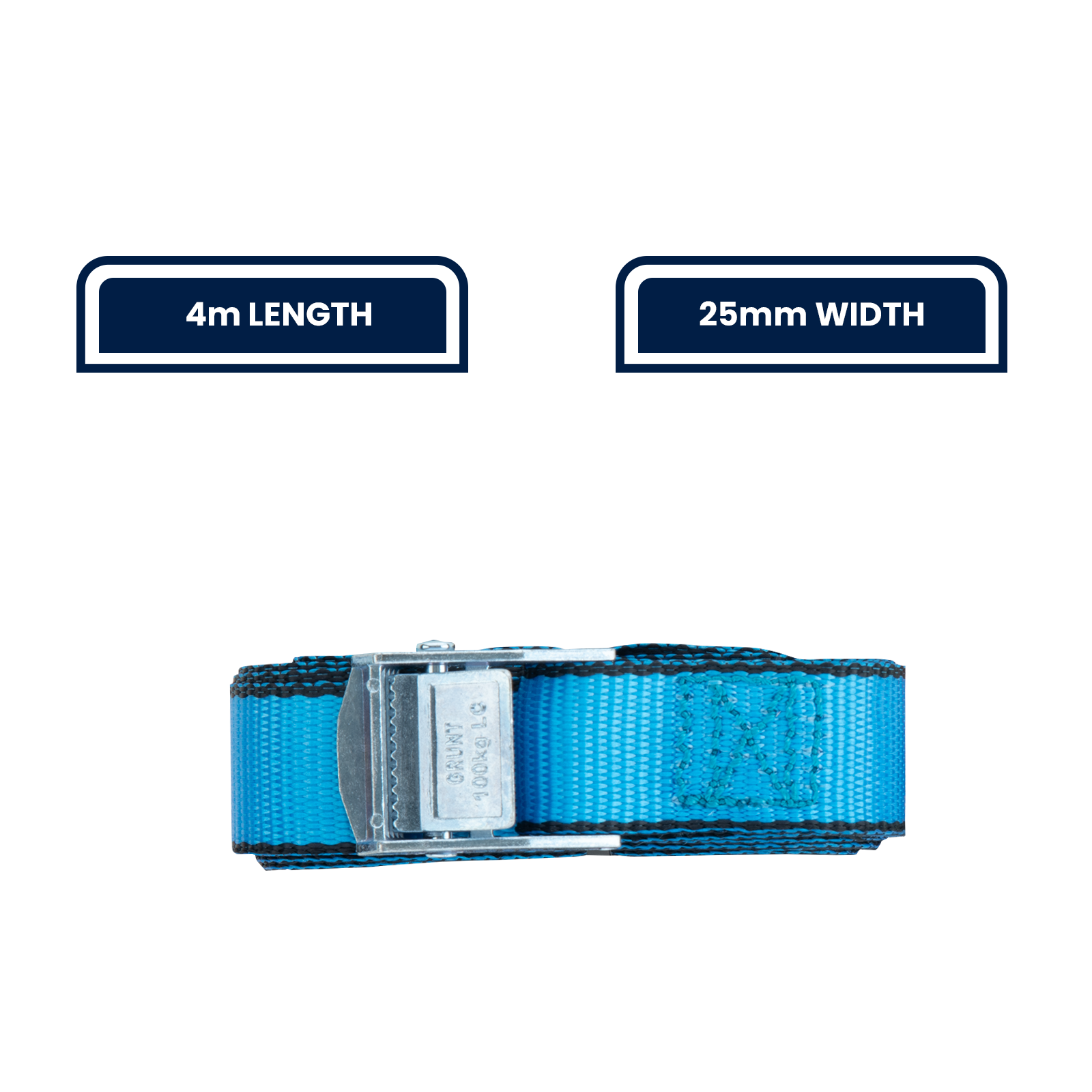 GRUNT 25mm x 4m Blue Pull Tie Down Strap – longer cam-buckle strap for securing medium loads, furniture, and cargo. Easy pull-to-tighten system with reliable cam-lock hold. Available at Bunnings AU and NZ.