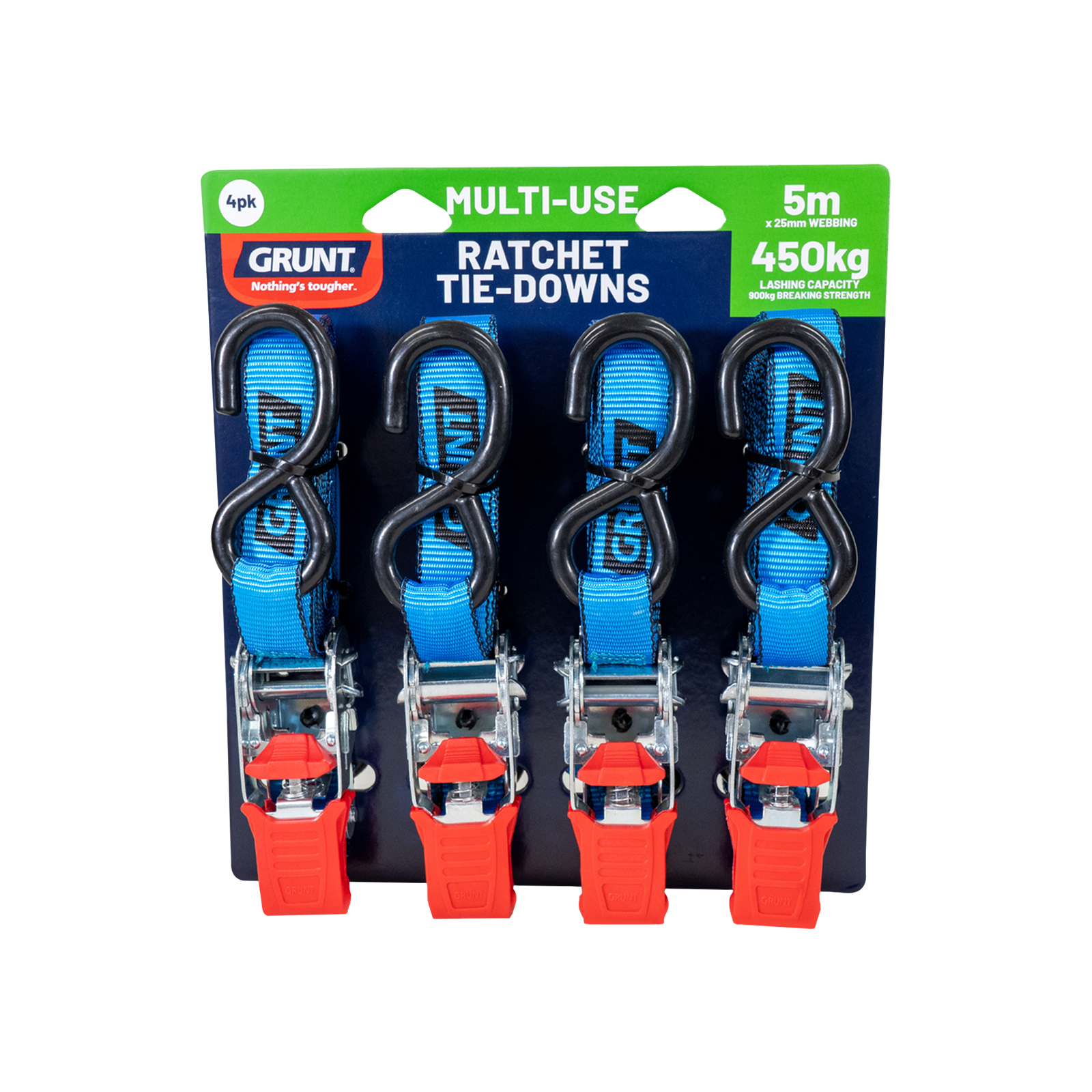 Grunt 25mm x 5m 450Kg Ratchet Tie Down - 4 Pack